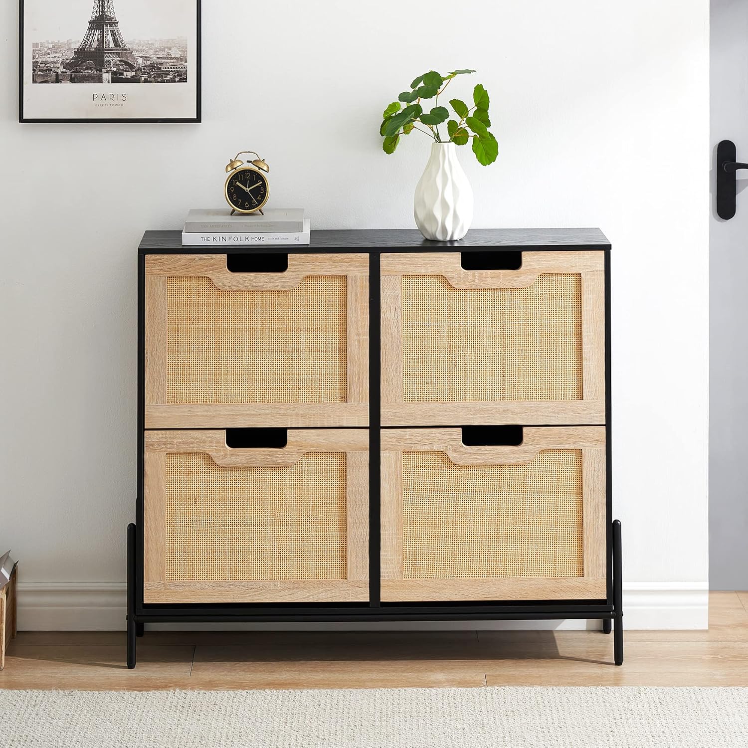 Amyove Natural Rattan 4 Flip Door Shoe Cabinet Organizer Freestanding Wooden Shoe Rack Storage Cabinet with 3-Tier Adjustable Shelves for Heels, Boots, Slippers, Free Standing Shoe Rack