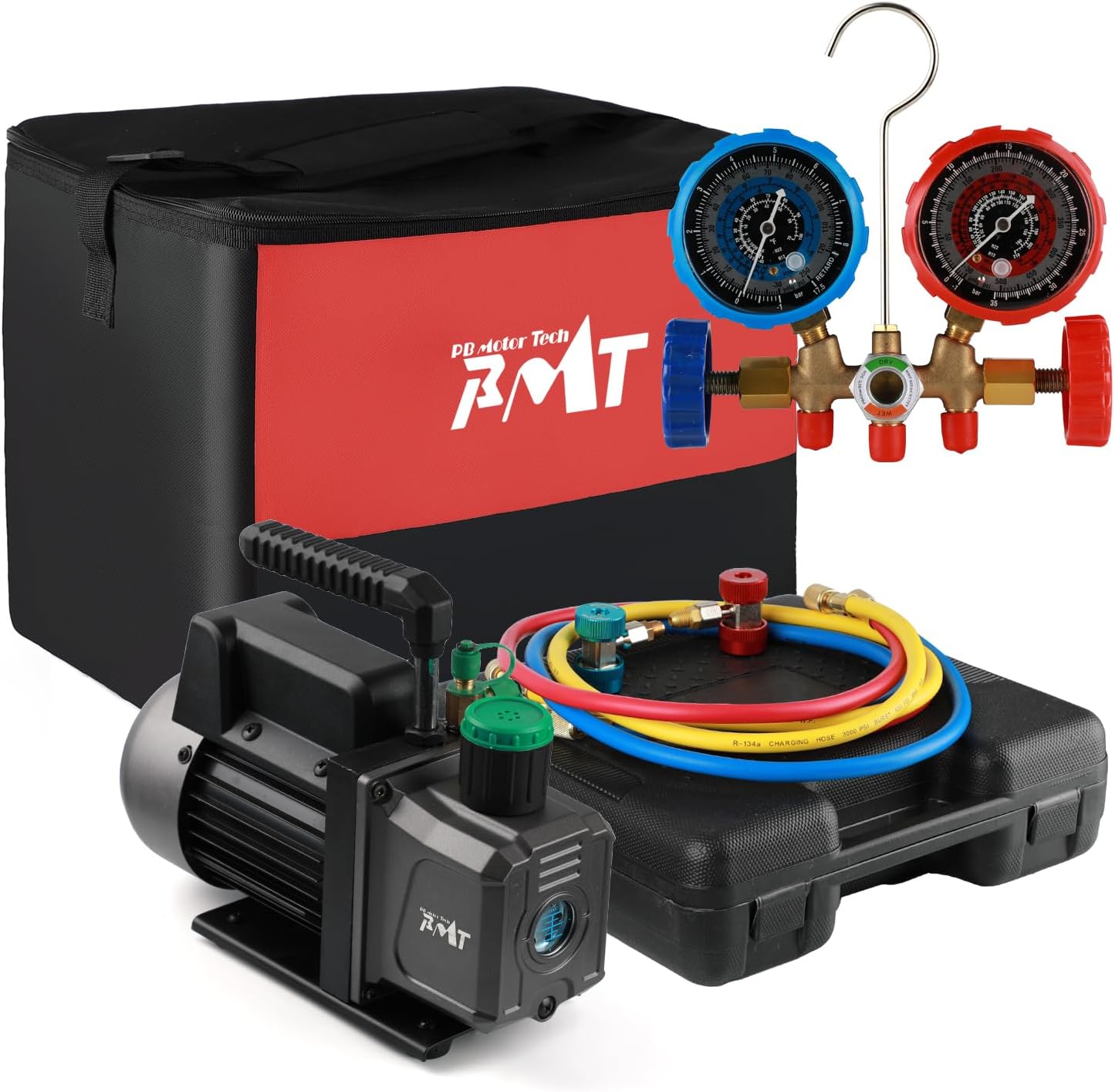 PB Motor TECH 4.5CFM 1/3HP Vacuum Pump and 3-Way AC Manifold Gauge Set for R134a R12 R22 R502, with Puncture Can Tap and Accessories