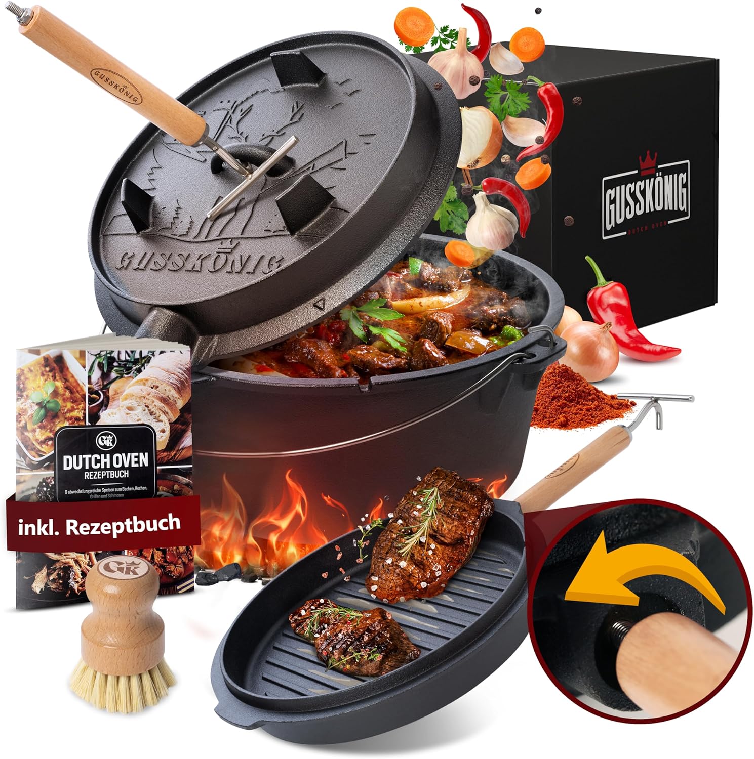 Pre-Seasoned Dutch Oven Set - 9 Quart Cast Iron Dutch Oven Pot with Lid, Fire Pot with Feet for Bread Baking & Cooking - Includes 2-in-1 Lid Lifter, Brush & Recipe Book [for 4-7 People]