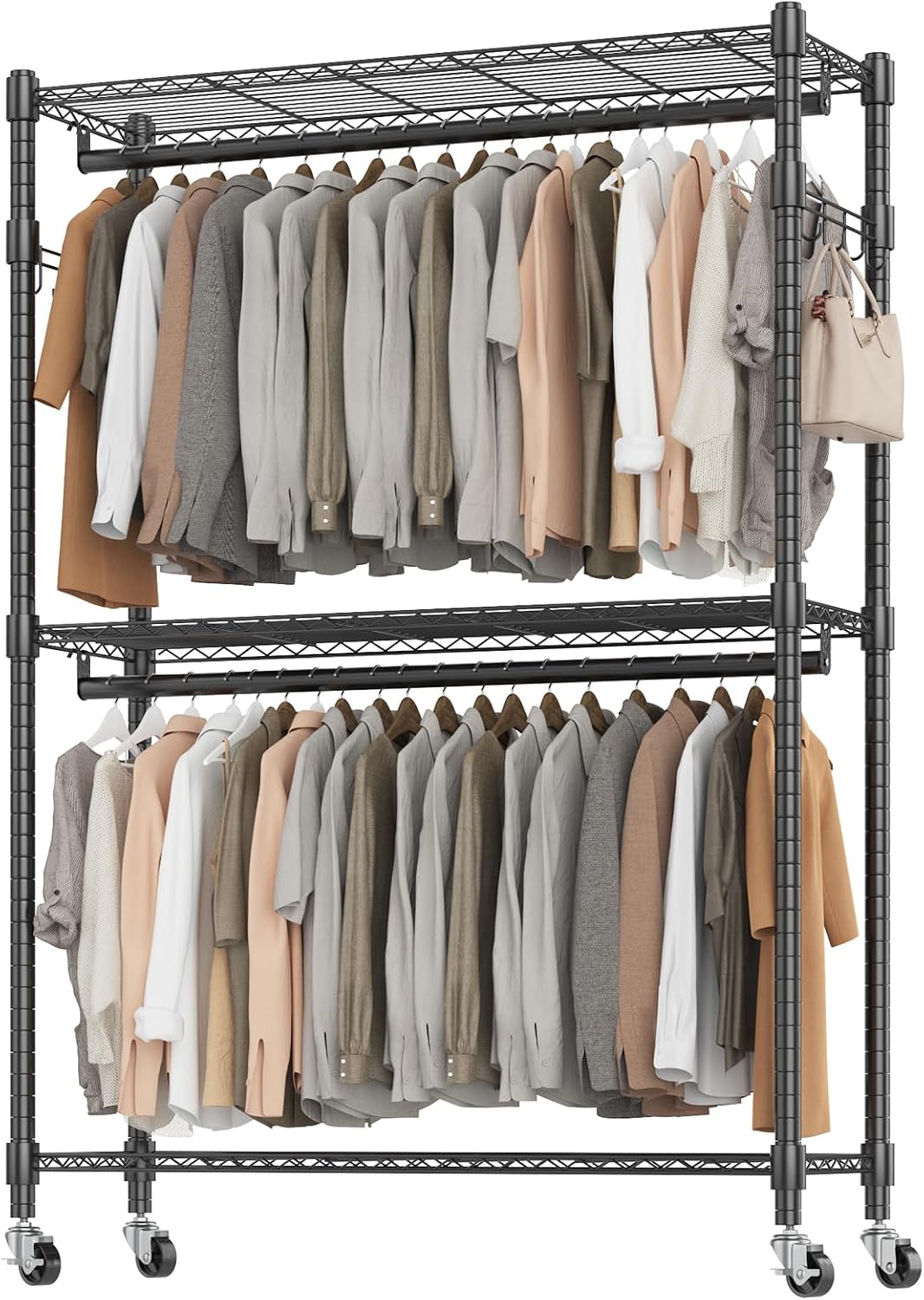 BATHWA Heavy Duty Garment Rack on Wheels, Rolling Clothes Racks for hanging clothes, Modern Closet Wardrobe Clothing Rack with 8 Side Hangers, White