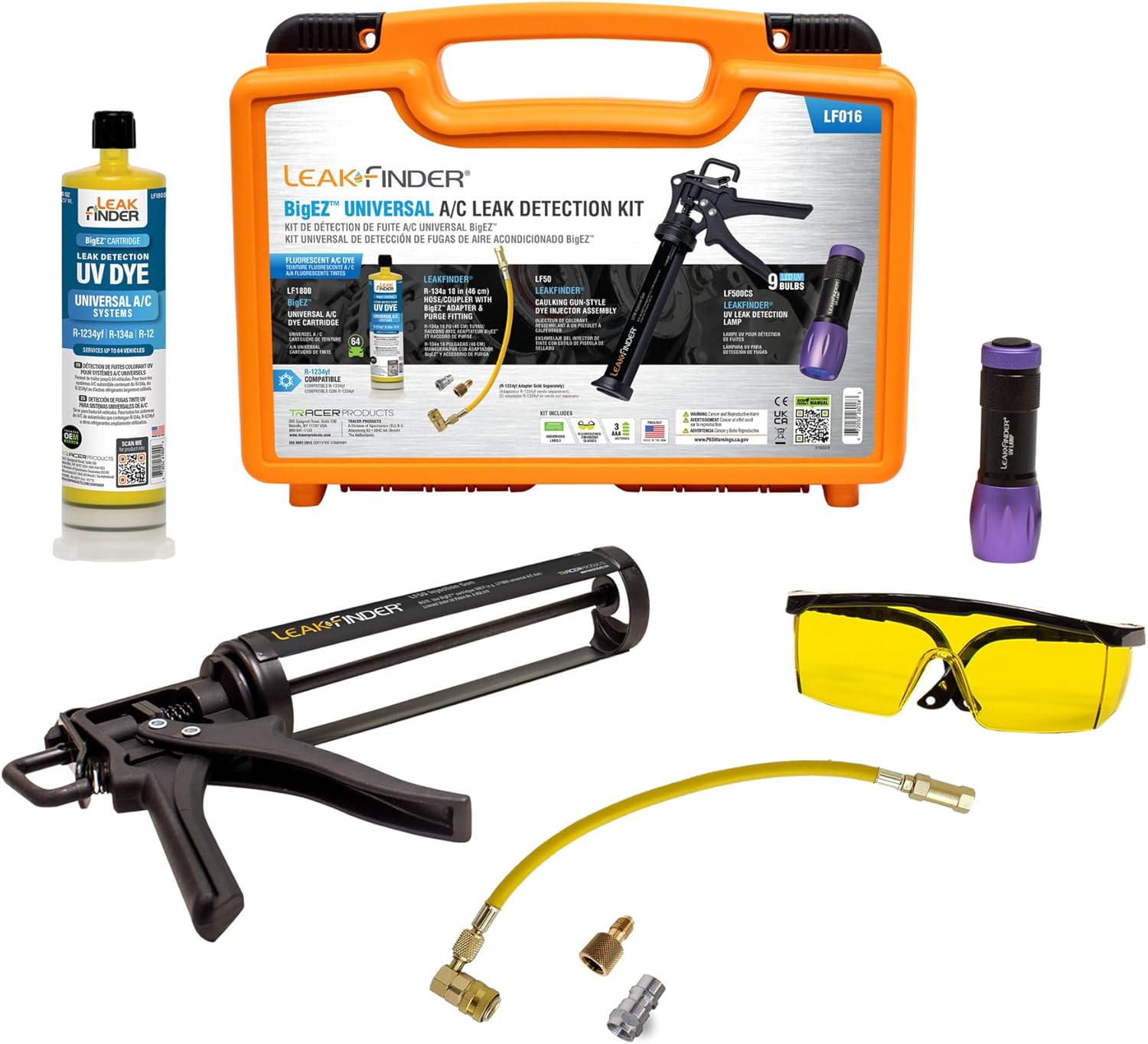 LF810 BIGEZ Air Conditioning Refrigerant Leak Detection Injection Kit - 8oz AC Leak Detector Dye, Caulking Gun Injector, R134A Hose Coupler, Made in USA