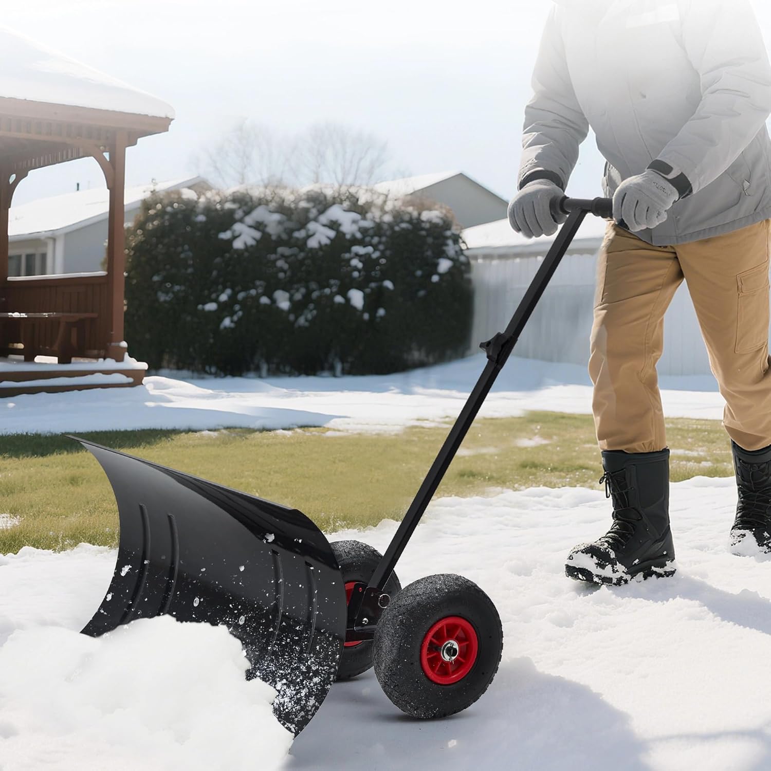 Garvee Heavy Duty Steel Snow Shovel Pusher with Wheels for Driveways, 29In Wide Push Snow Plow Shovel, Adjustable Handle, Angled Blade, Efficient Snow Removal for Easy Driveway & Pavement Clearing