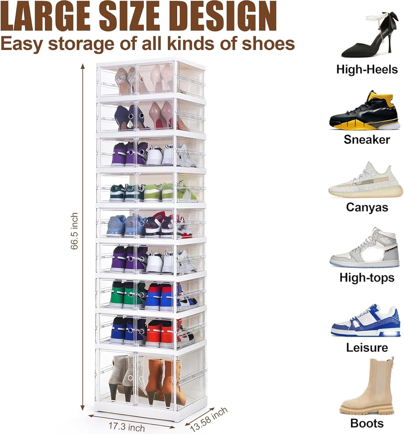 Foldable Storage Box - Easy Assembly Clear Plastic Stackable Shoe Storage Cabinet Organizer with Lids - Large Size Shoe Rack (9 layers clear)