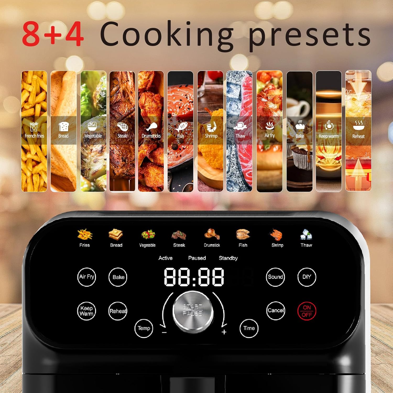 Air Fryer, 6.2QT Air Fryer Oven with LED Digital Touchscreen, 12 Preset Cooking Functions Air fryers, Bake, Reheat, Keep Warm, Nonstick and Dishwasher-Safe Basket, Stainless Steel/Black