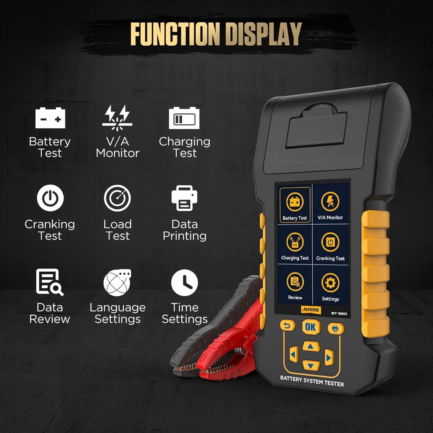 AUTOOL Car Battery Tester 12V 24V Automotive Battery Load Tester with Printer 20-2000CCA Alternator Tester, Cranking & Charging & Leakage Test, 3.2