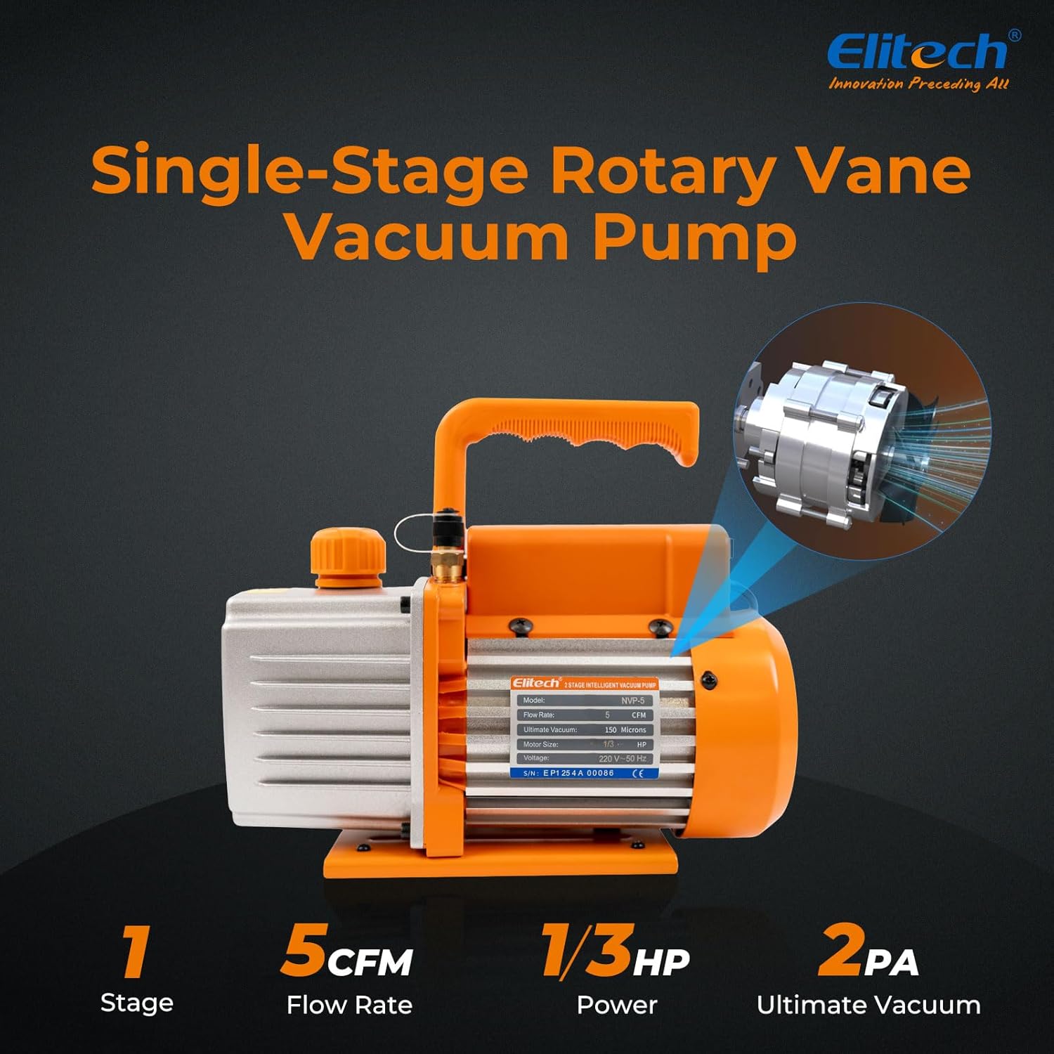 Elitech NVP-5 HVAC Vacuum Pump 5CFM 2L/S 1/3HP Single Stage Rotary Vane Air Vacuum Pump for HVAC and Refrigeration Systems, Durable and Easy to Maintain