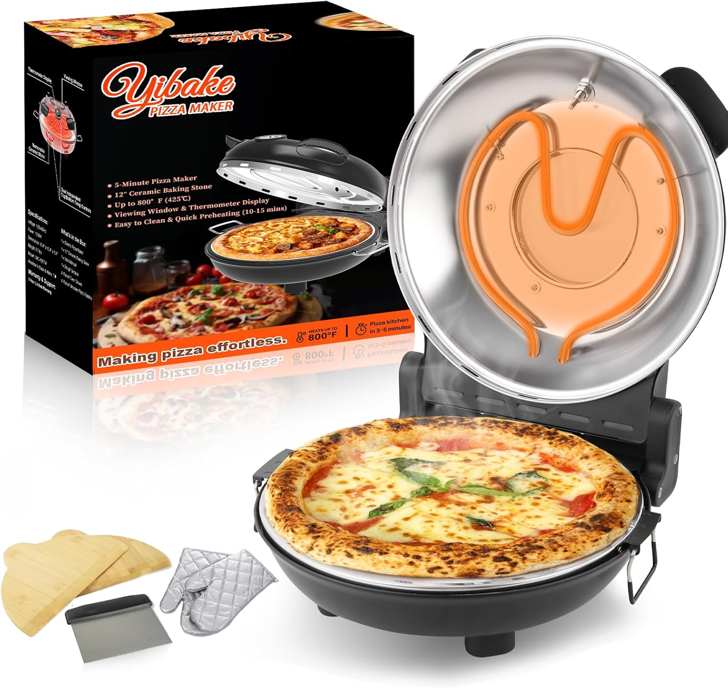 Electric Pizza Maker, 12 Inch Countertop Pizza Oven with Pizza Stone, 1200W Indoor Italian Style Pizza Cooker, Dual Heating with Independent Temperature Control, Heats Up to 800°F, White