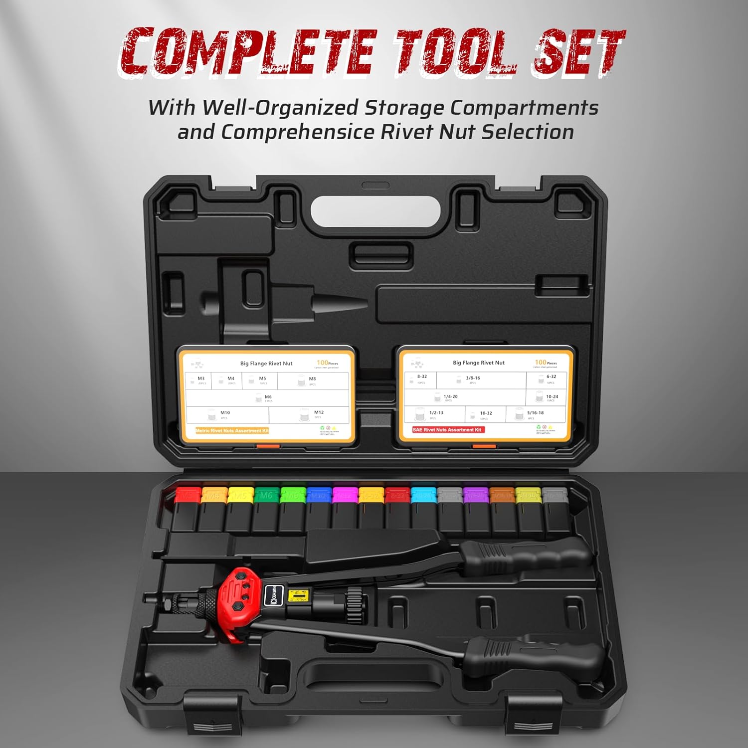 CORWIN Stroke Setting Rivet Nut Gun 1003 16-Inch, with Metric and SAE 15 Specifications Mandrels, and 200 Pieces of Rivet Nuts Stored in a Blow Molded Plastic Carrying Case