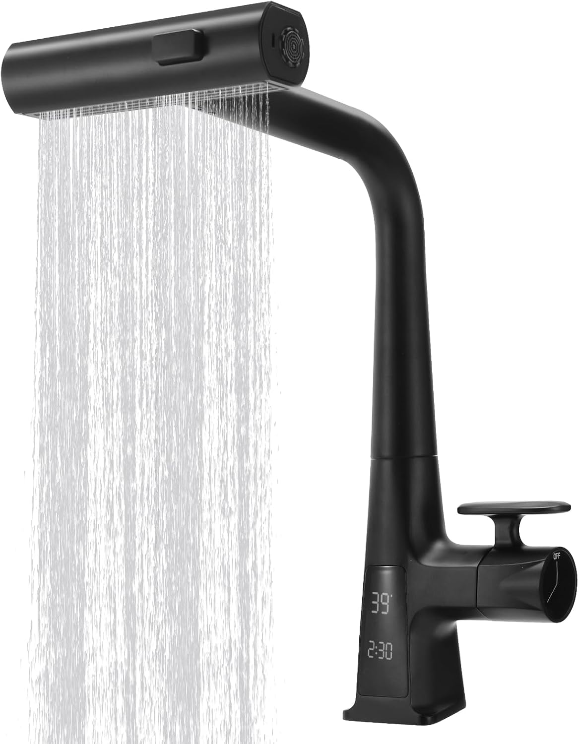 Kitchen Faucet Black Waterfall Kitchen Sink Faucet with Temperature and Service time Display, Single Hole Kitchen rainwater Faucet with Pull-Down Spray, 360 ° Rotation Matte Black