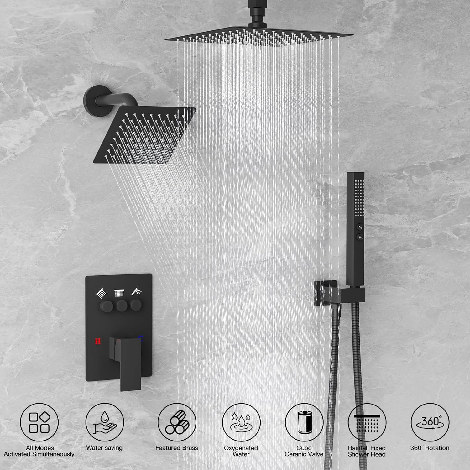 Shower Faucet Set Matte Black Shower System, 3 Modes Shower Faucet Trim Kit with 6 Inch Wall Mount Shower Head and 10 Inch Ceiling Mount Shower Head and 2 in 1 Handheld Shower