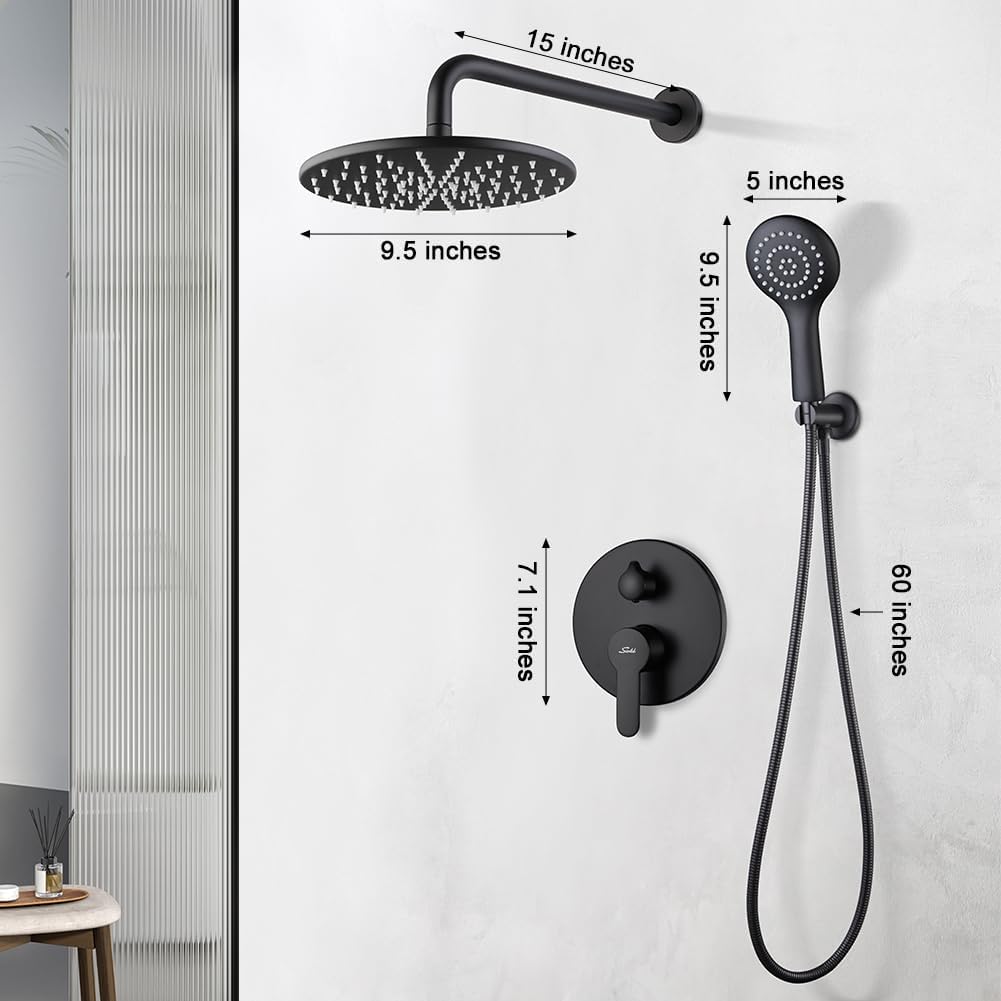 All Metal Shower System with 10 Inch Stainless Steel Round Shower Head with Handheld Spray, Wall Mounted High Pressure Shower Faucet Set,Valve Included,Matte Black