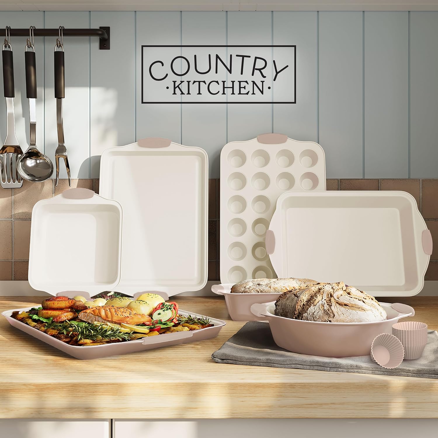 Country Kitchen Nonstick Stackable Bakeware Set - Durable, Easy Release Baking Set- 22 Pc. Includes Silicone Muffin Cups