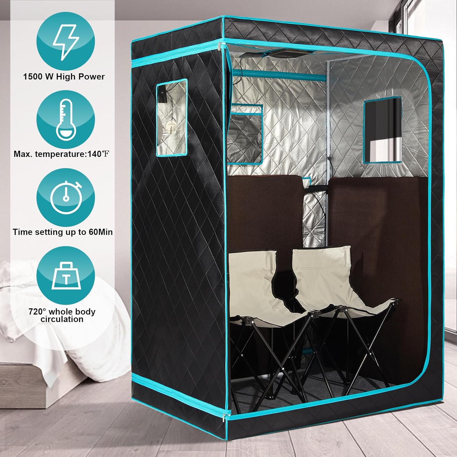 Full Size Infrared Sauna for Home, 2 Person Large Space Personal Home Sauna for Relaxation & Detox, 1500W Dry Heating Technology Indoor Saunas