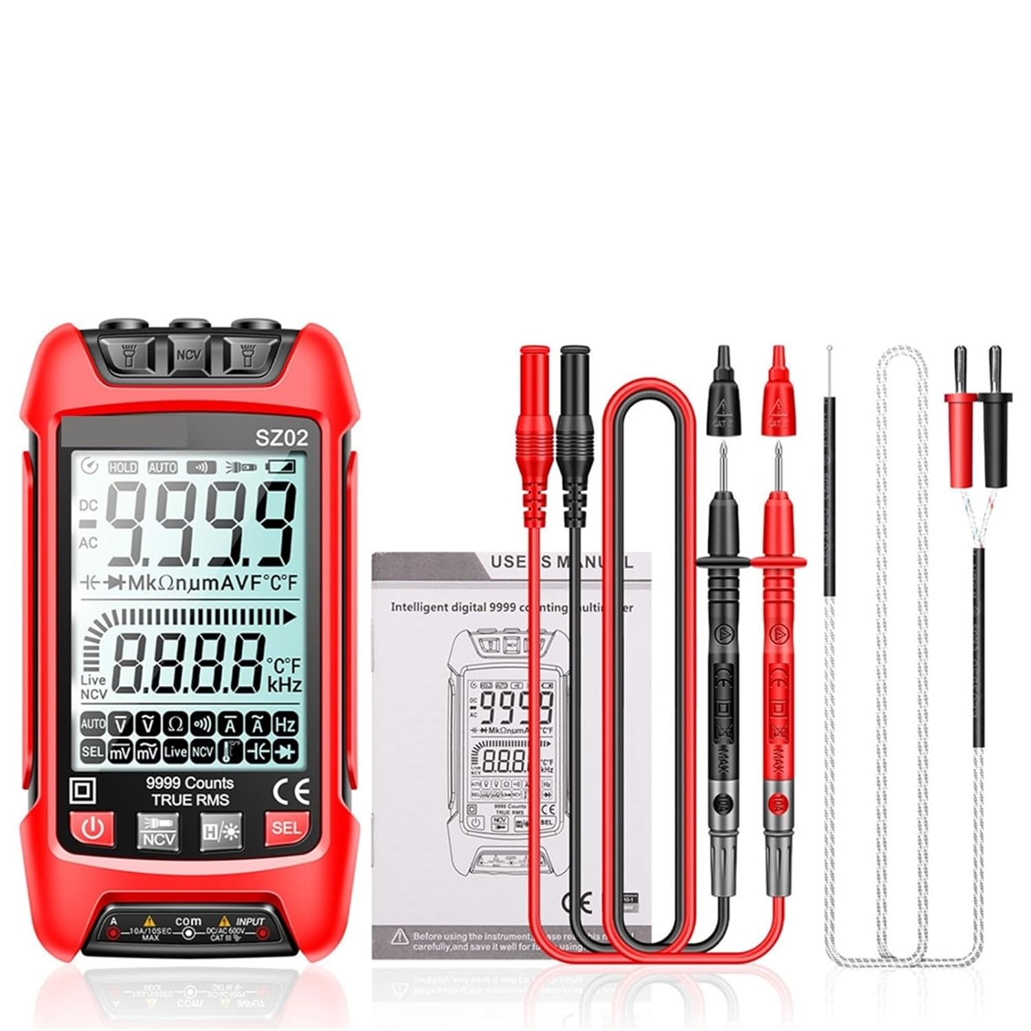1pc SZ02 Smart Digital Multimeter Auto Transistor Testers Electrical Temp Capacitance Resistance Meter True RMS(SZ02 Red)