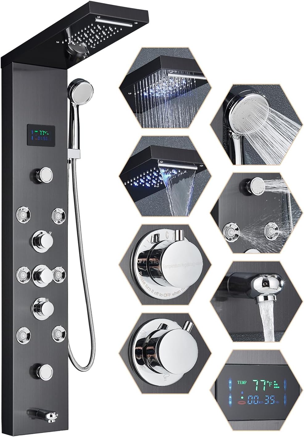Contemporary Shower Panel Wall Mounted Shower Tower Rainfall Waterfall Showerhead Full Body Shower System with Adjust-angle Shower Jets Bathroom Shower Panels Stainless Steel, Brushed Nickel