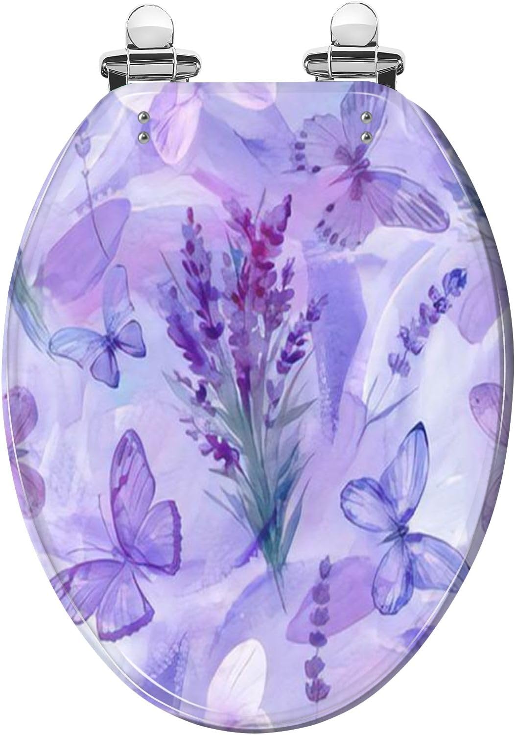 Elongated Toilet Seat lavender Butterfly seamless pattern Watercolor flowers painting Resin Toilet Seat Slow Quiet Close with Quick-Release Hinges Toilet Seat with Cover Easy to Clean Install