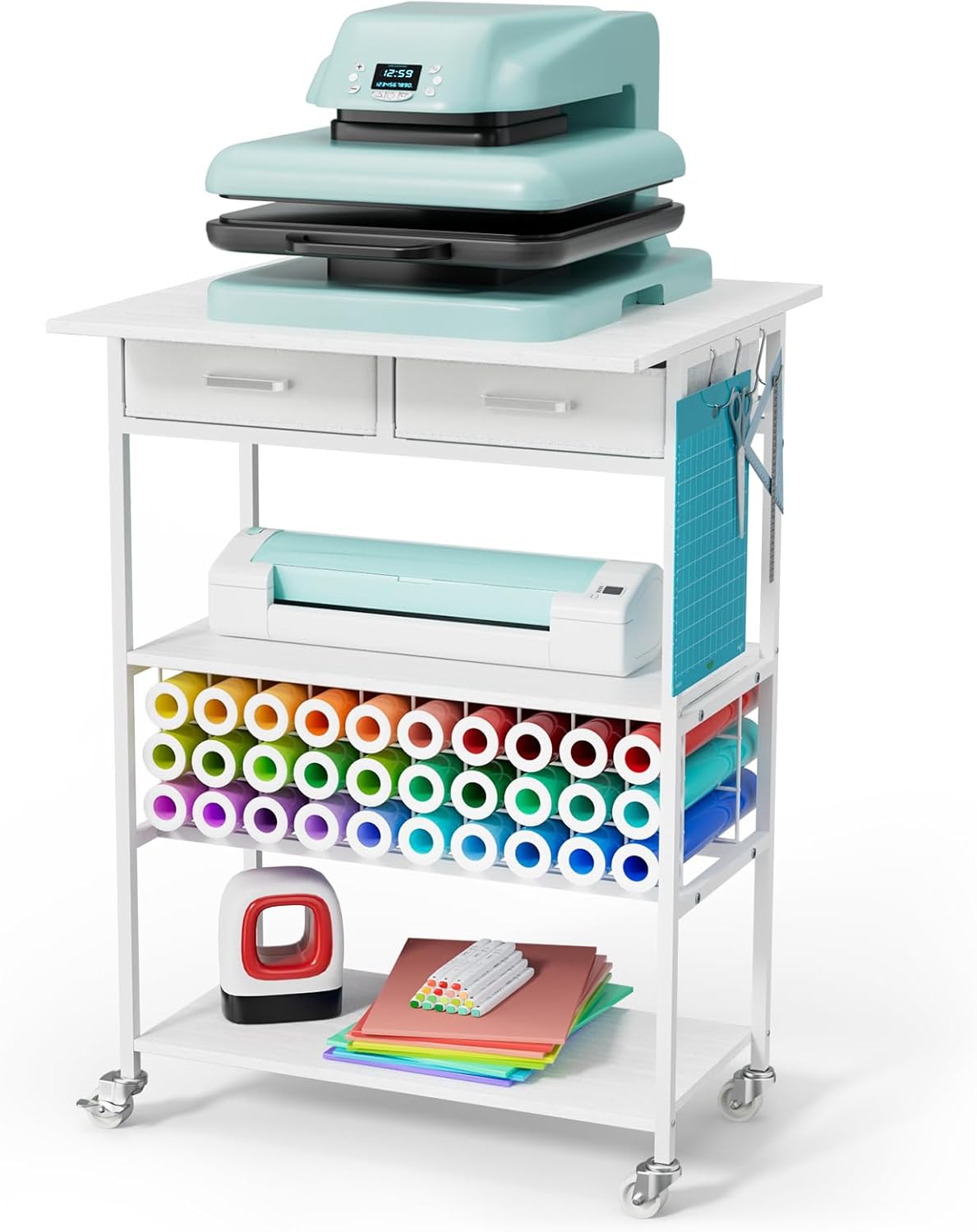 Movable Heat Press Table - Heat Transfer Machine Stand Compatible for Cricut, Vinyl Roll Holder, Rolling Metal Wood Sublimation Printer Organizer for T Shirt Maker Craft, 23.6''×19.6''