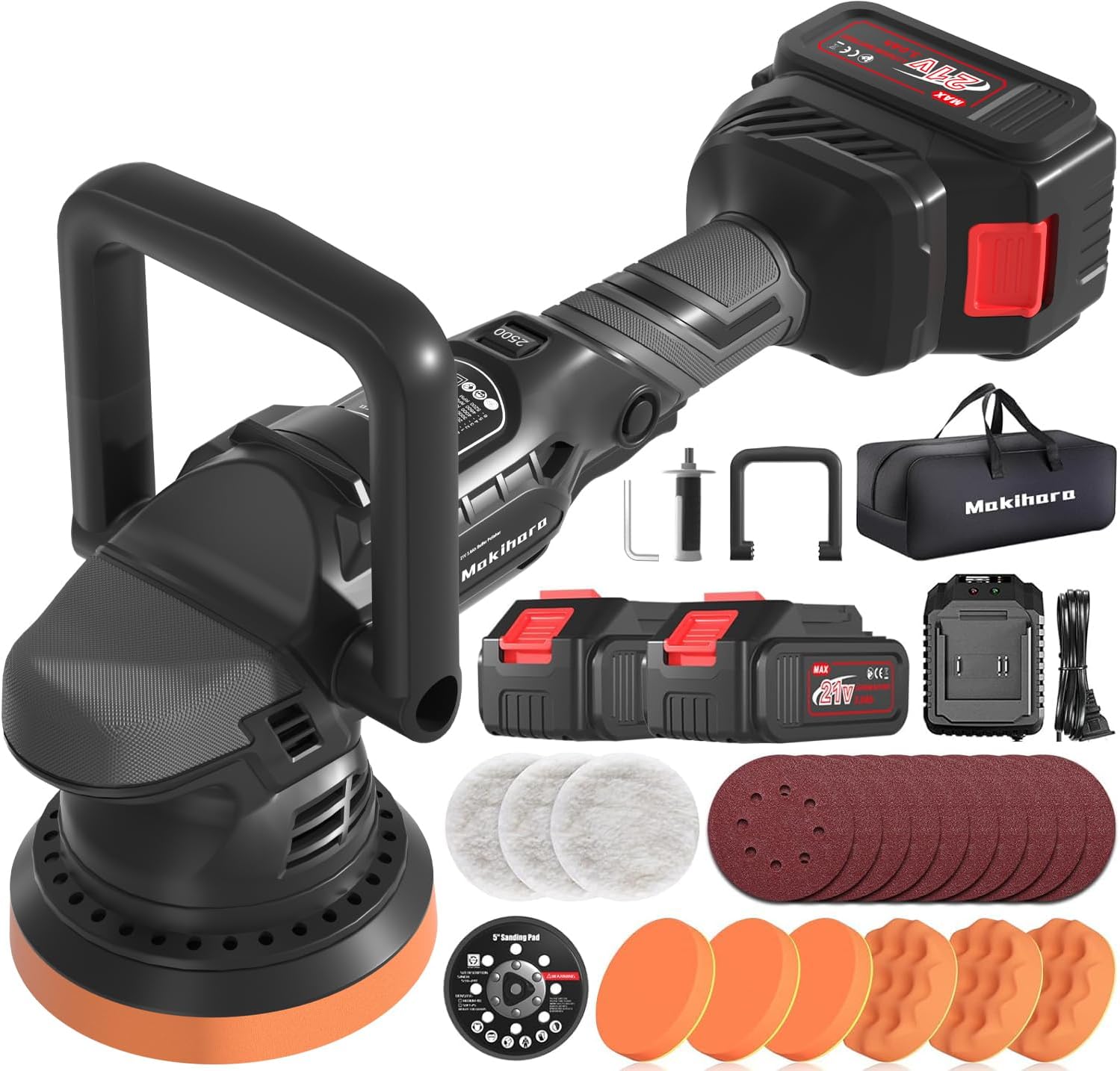 Cordless Buffer Polisher, 5 Inch Random Orbital Car Polisher, 6 Variable Speed 1000-5200 RPM, 21V 3.0Ah Batteries, 28Pcs Attachments, Polisher for Car Detailing, Boat Sanding, Scratch Removing