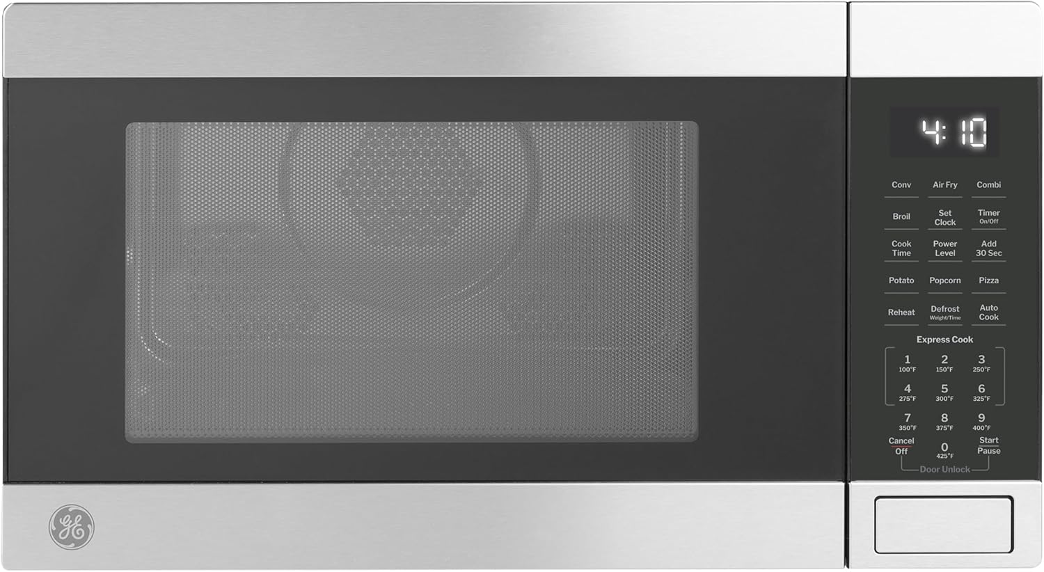 GE GCST10A1WSS 4-in-1 Microwave Oven, 1,050 Watts Air Fryer, Broiler & Convection Mode, Child-Lock Technology, Kitchen Essentials for The Countertop or Dorm Room, 1.0 Cu. Ft, Stainless Steel