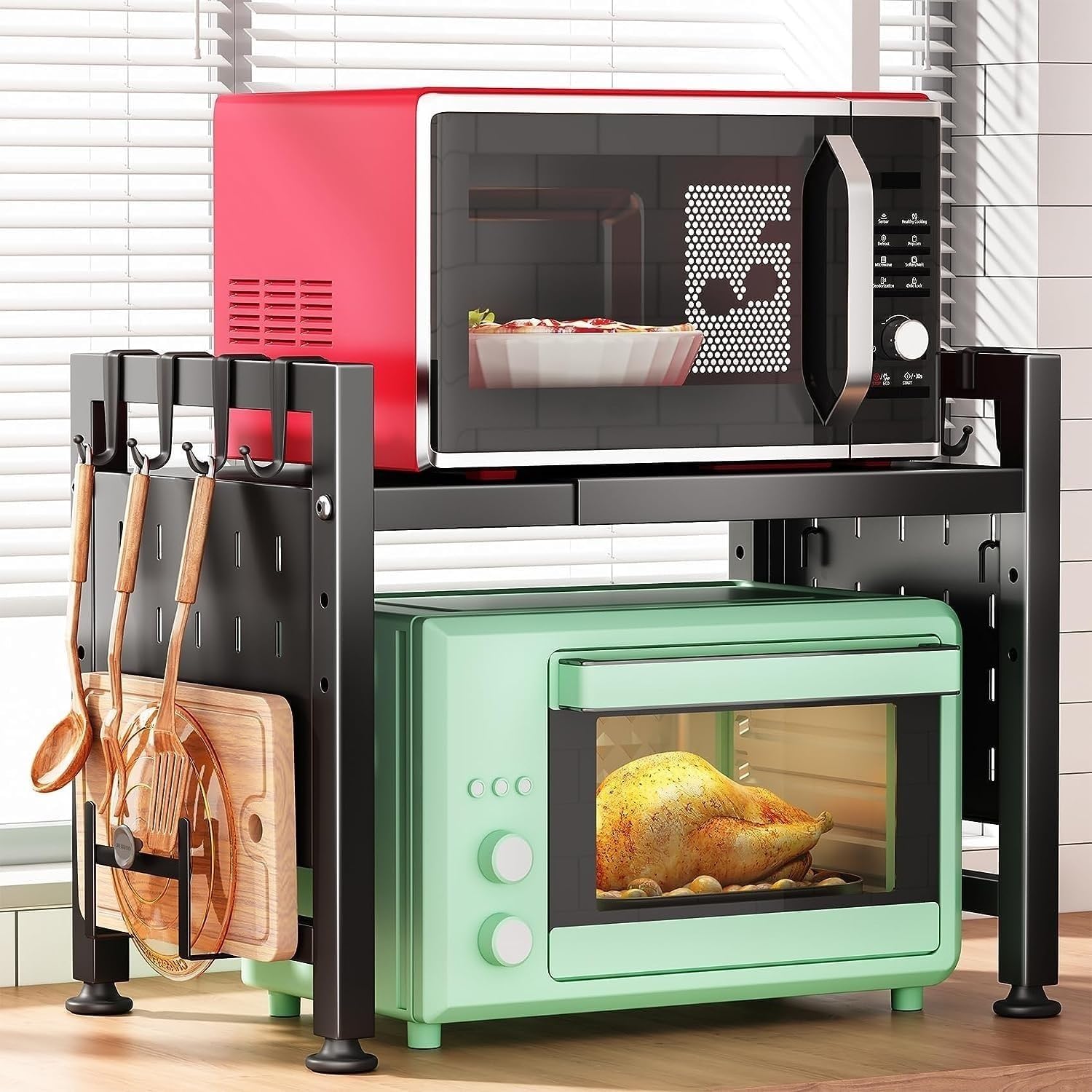 2-Tier Adjustable Microwave Oven Rack with 4 Hooks, Microwave Stand Shelf Heavy Duty Shelf with Cutting Boards Stand for Kitchen Shelves Counter Top Organizer, Holds 180lbs