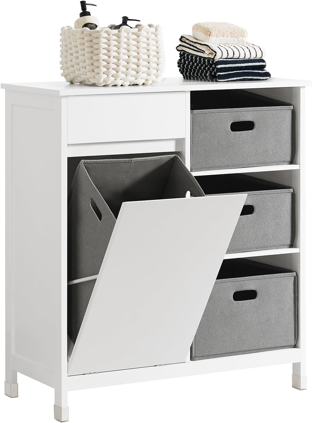 SoBuy Bathroom Laundry Cabinet Freestanding Tilt-Out Hamper Storage Unit Narrow Bath Organizer with Removable Baskets, White BZR77-W