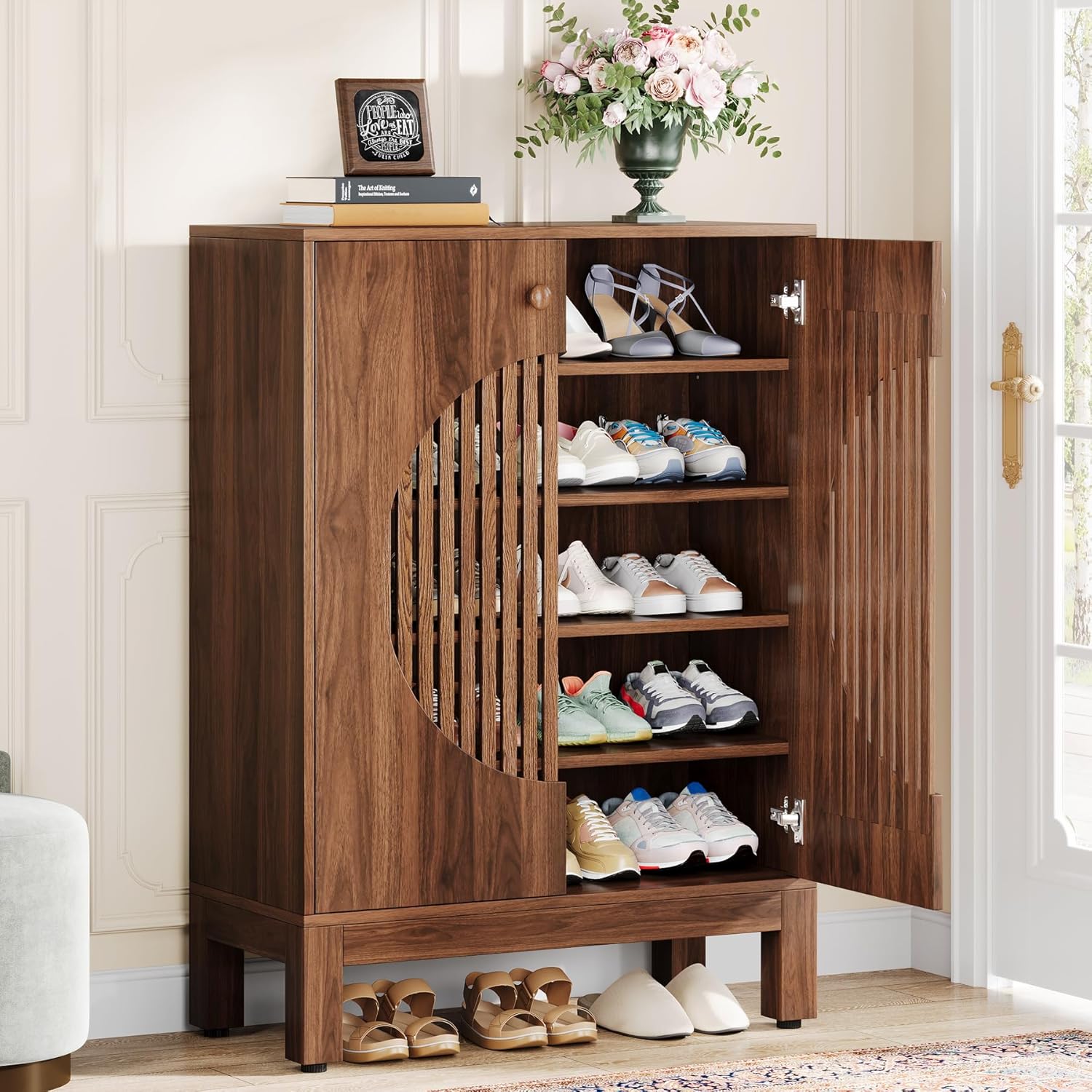 Tribesigns 5-Tier Shoe Cabinet with Round Louvered Doors, 20 Pairs Farmhouse Shoe Storage Cabinet with Adjustable Shelves, Wooden Shoe Rack Organizer for Entryway, Hallway, Living Room (Brown)