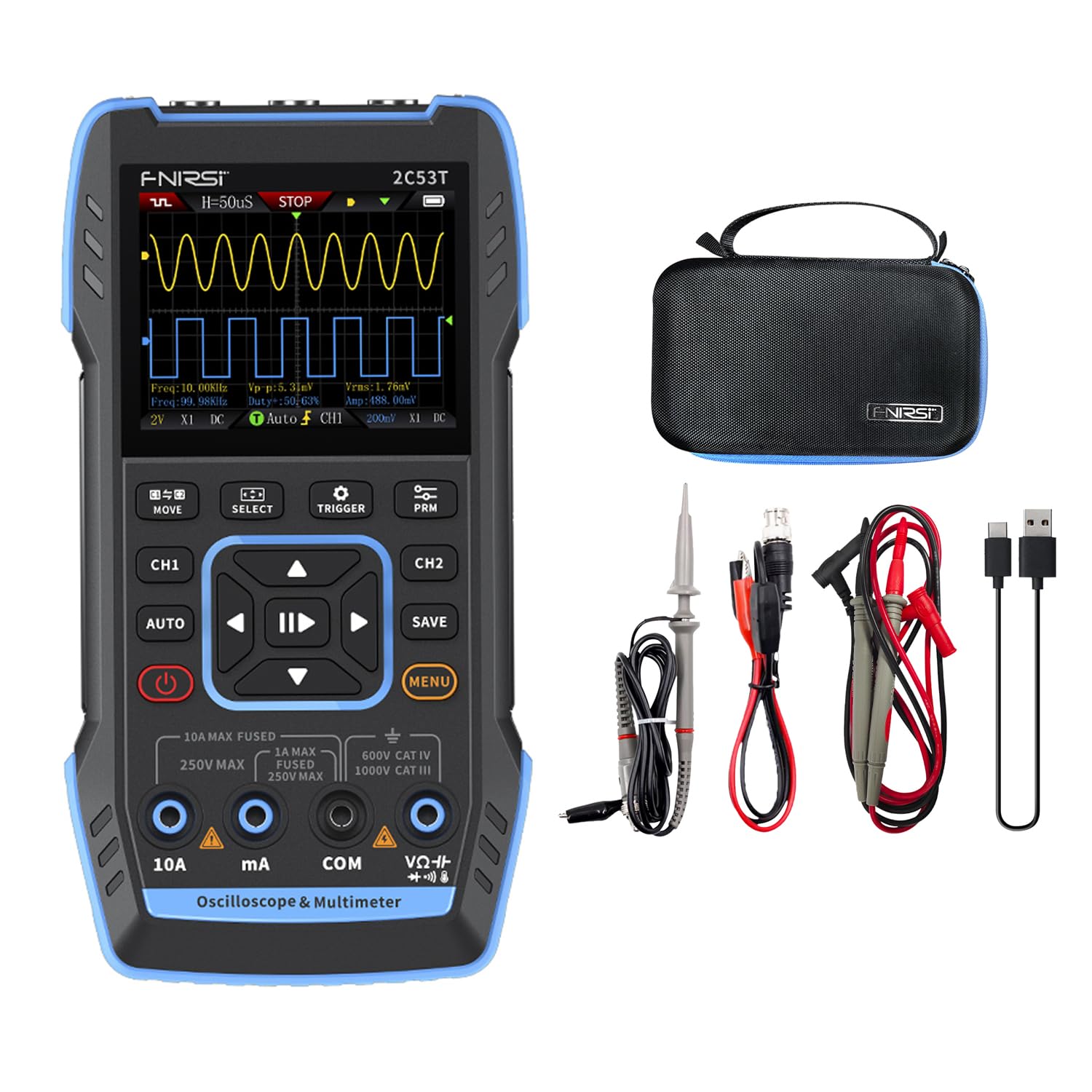 2C53T Handheld Digital Oscilloscope Multimeter DDS Generator 3 in 1, 50MHz Bandwidth, 250MS/s Sampling Rate, 19999 Counts for Voltage, Current, Capacitor, Resistor, Diode Test