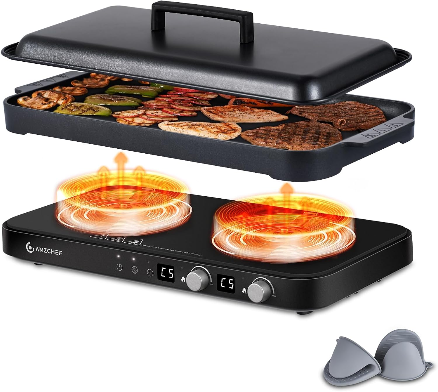 AMZCHEF Double Induction Cooktop with Removable Griddle Pan Non-stick, 1800W 2 burner Portable Induction Stove With Sensor Touch 9 Power Levels, 99 Min Timer, Iron Grey