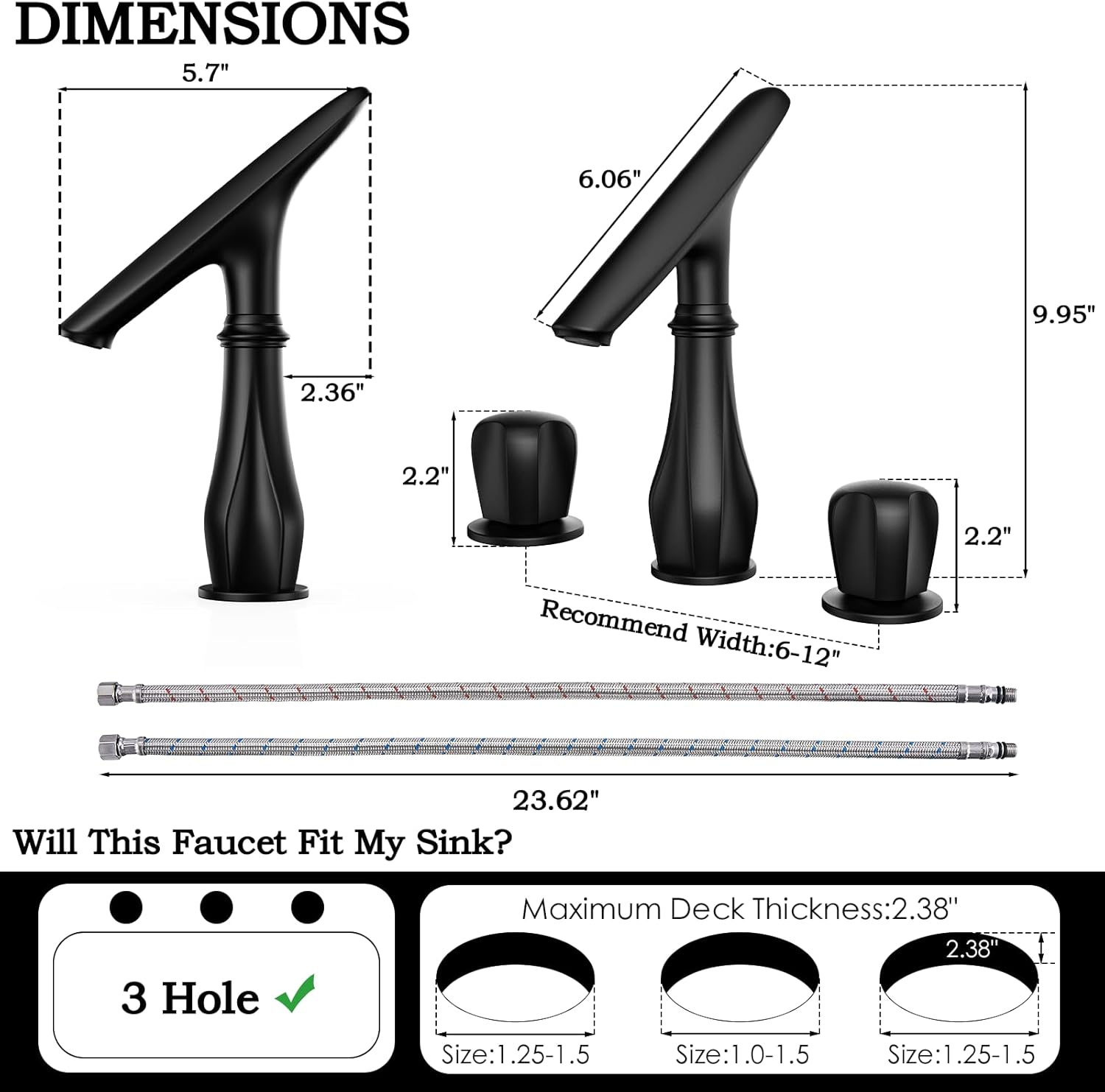 Black Bathroom Faucet 3 Hole, 8 inch Widespread Bathroom Sink Faucet with Adjustable Spout, Solid Brass Modern Faucet for Bathroom Sink with Supply Hoses and 2 Handles
