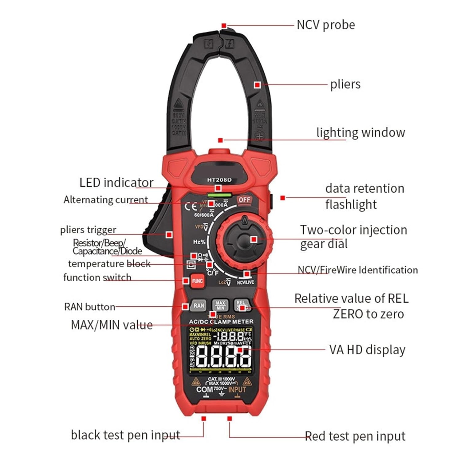 1pc HT208 206 Digital Clamp Meter Pro 1000A 1000V AC Current Clamp True RMS Pliers Ammeter Voltmeter VFD REL Ohm(HT206B 600A Auto)