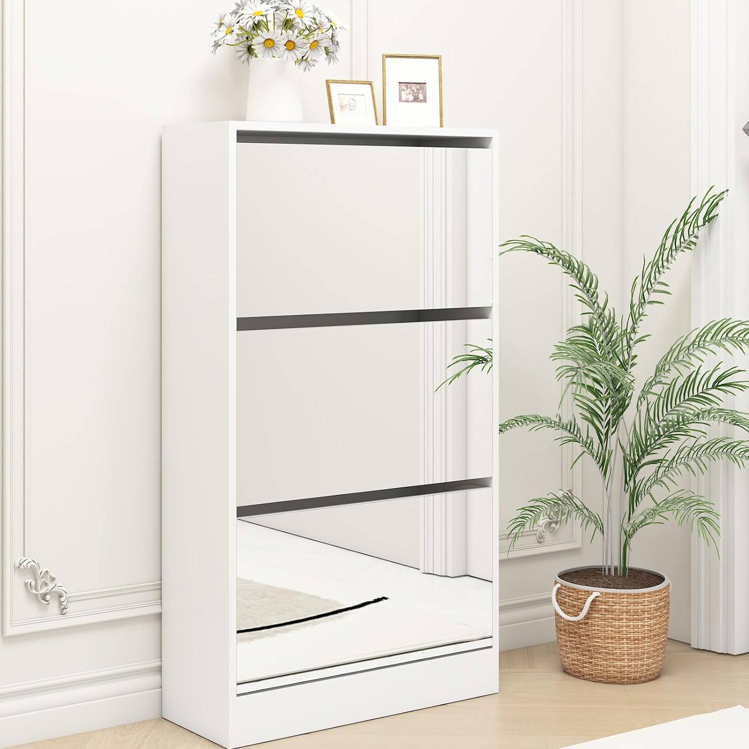 Ball & Cast Shoe Storage Cabinet with 3 Flip Drawers, Freestanding Hidden Shoe Organizer with Mirror for Entryway, Narrow Shoe Rack Cabinet,White