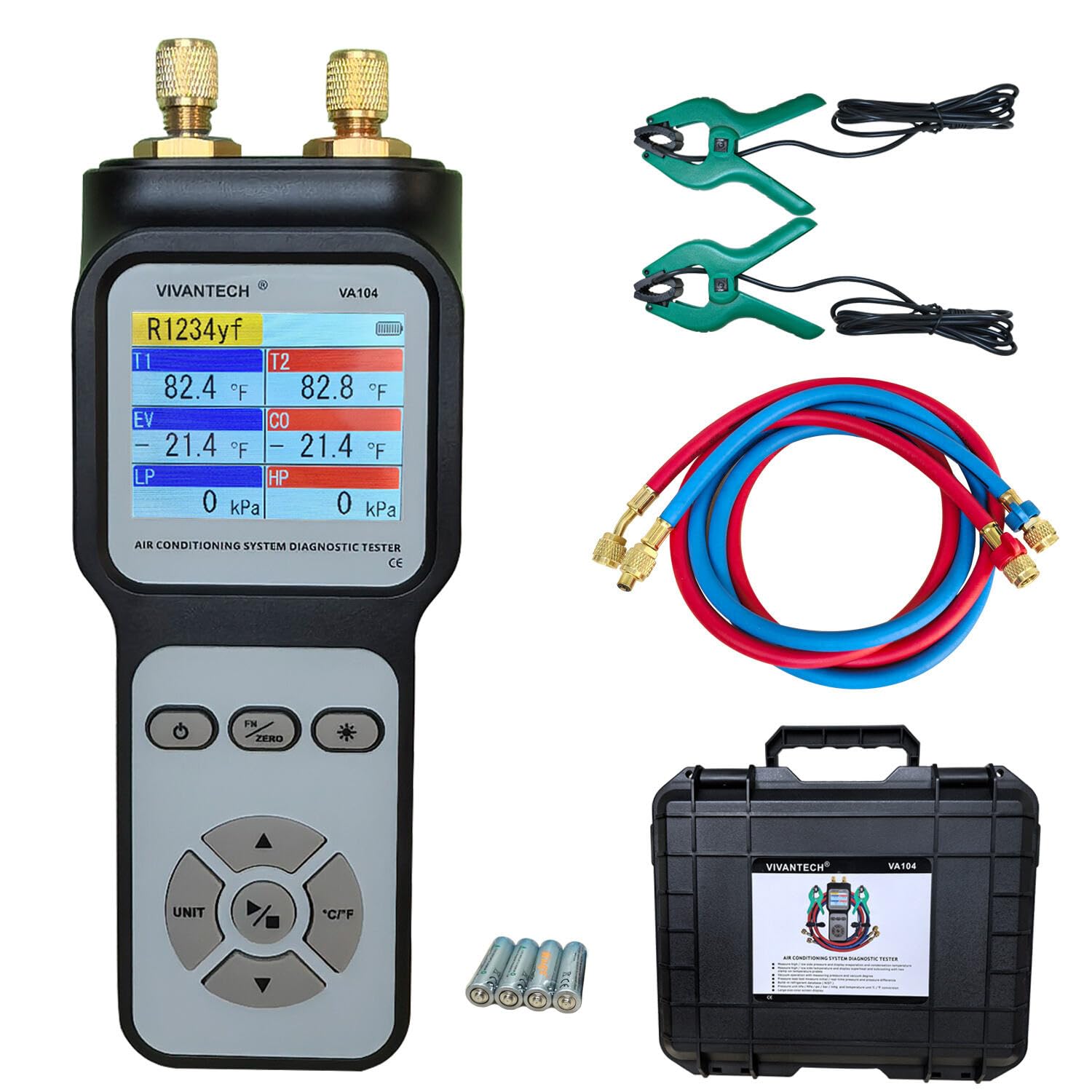 Professional A/C System Diagnostic Tester – HVAC Gauge Dual Pressure & Temperature Analyzer with Refrigerant Database, Vacuum and Leak Test for Automotive and Home AC Repair, Color Display