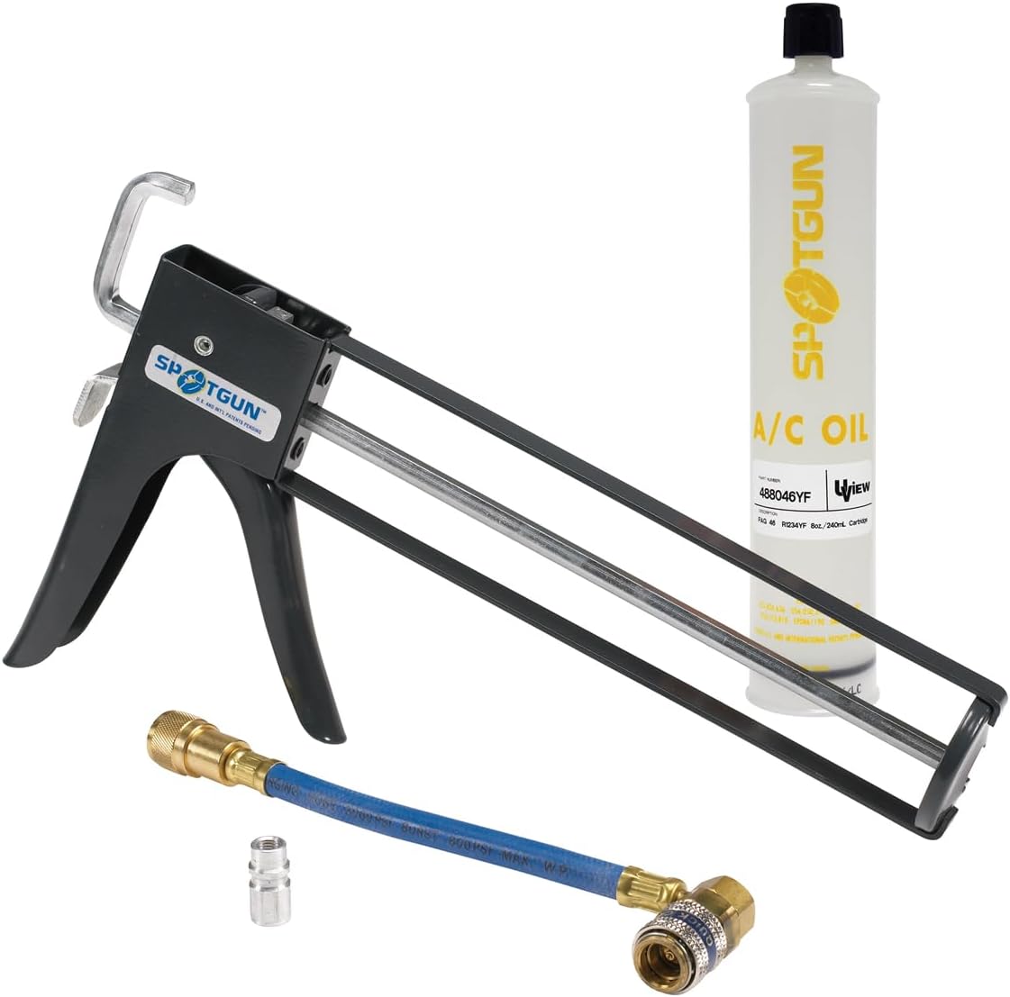 UView 481500YF Spotgun HFO Automotive Air Conditioner Oil Injection Kit for R-1234yf A/C Systems, Includes Injector with R1234yf Hose Adapter Assembly, PAG 46 HFO Oil 8oz Cartridge, and Fitted Insert