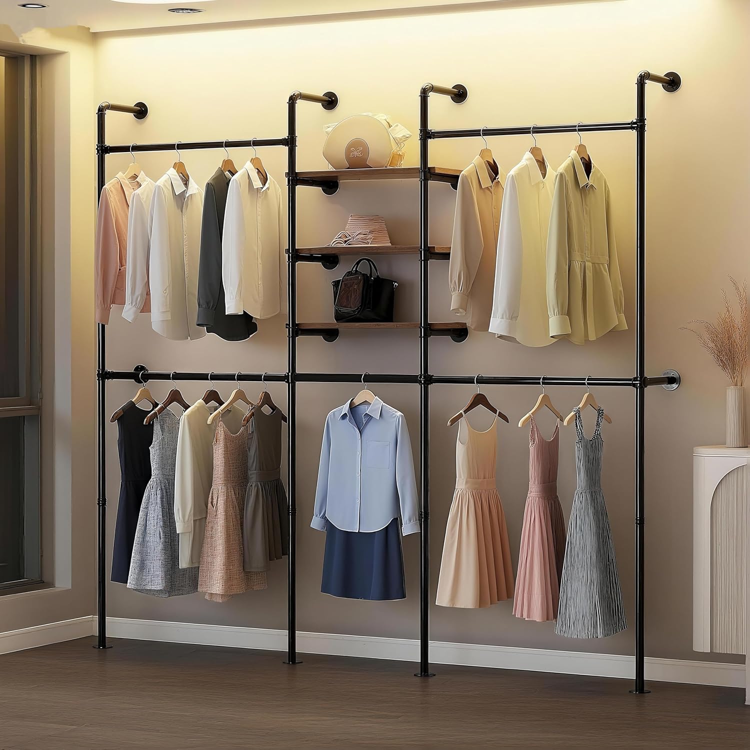 GarveeHome Industrial Pipe Clothing Racks with 3 Shelves, Black Wall Mounted Clothes Rack with LED Lights, Heavy Duty Garment Rack Closet Wardrobe Rack for Walk In Closet, Laundry Room