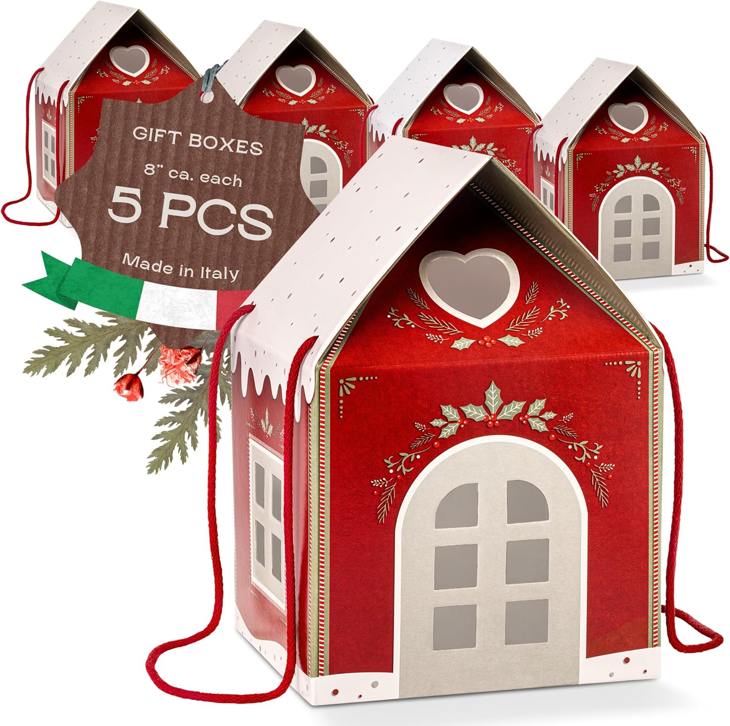 Pack of 5 House Shaped Gift Boxes (7.87 x 7.87 x 7.08 inch) - Mansion Ideal for Presents and for Treats - Red Christmas