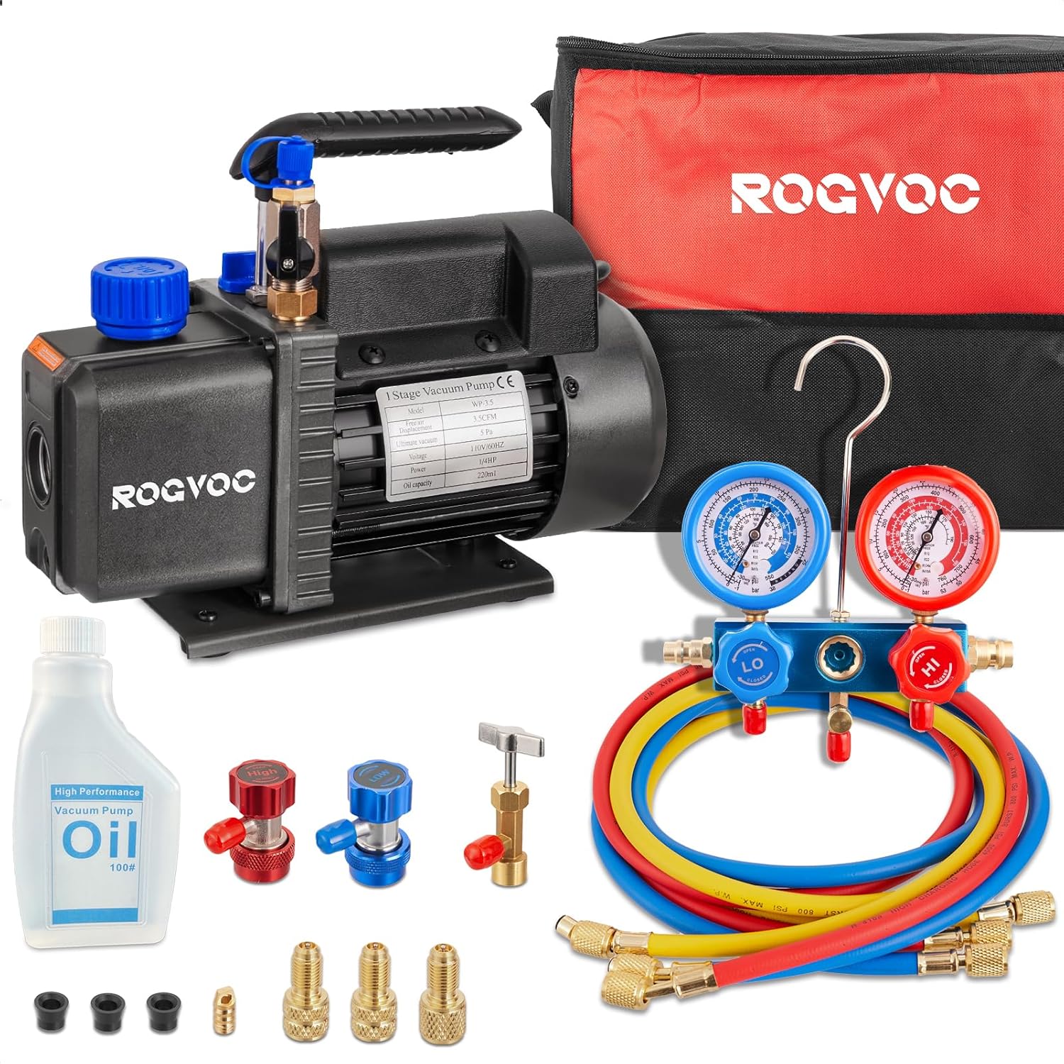 3.5 CFM AC Vacuum Pump and Manifold Gauge Set, 110V 1/4 HP Single Stage Rotary Vane Air Vacuum Pump HVAC for R12, R22, R410a, R134a AC Refrigerant Recharging with Carry Bag