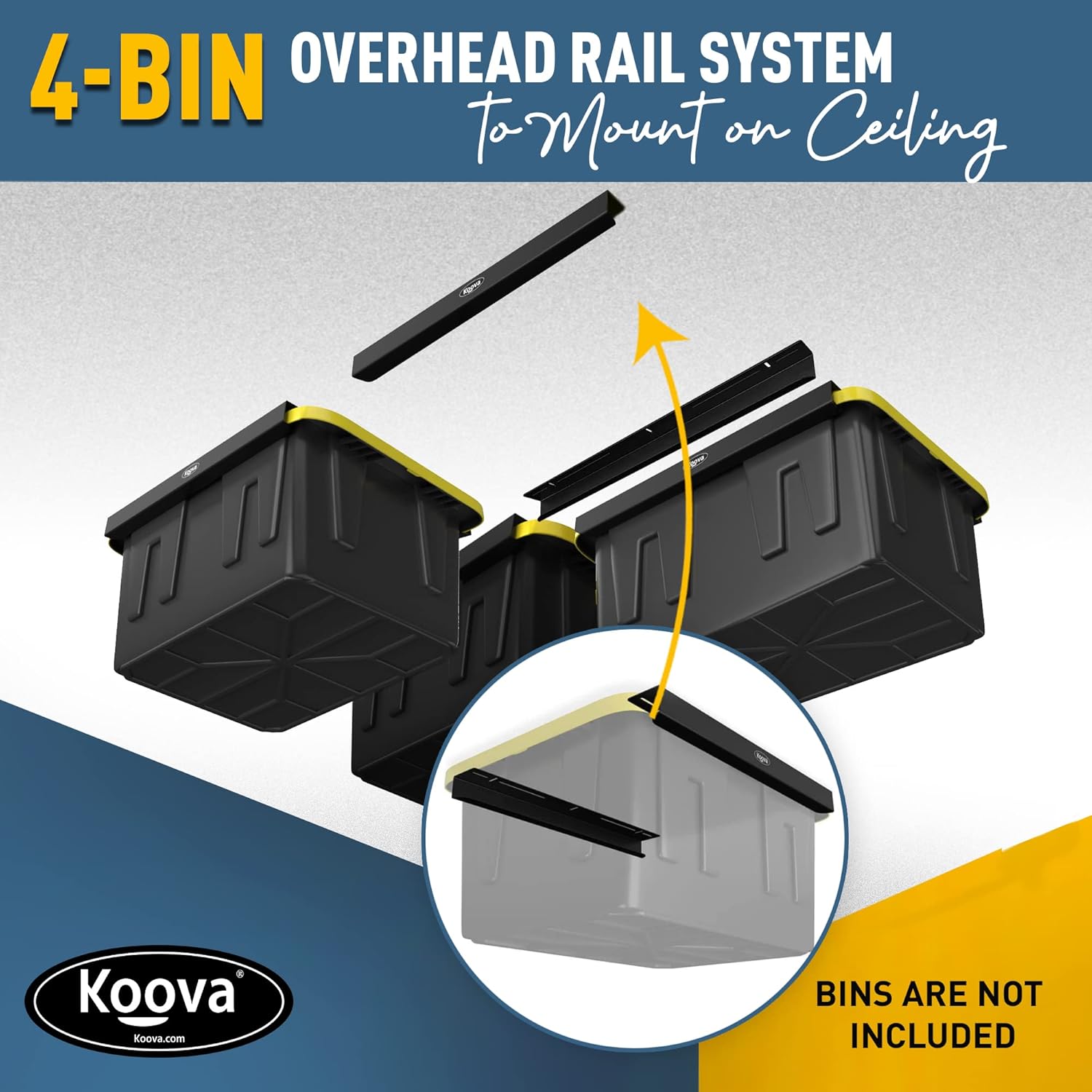 Koova Heavy-Duty Overhead Garage Storage Rack for 4 Bins. Adjustable Width, 160lb Capacity. DIY Safe Ceiling Mount, Easy Install. Fits 27-Gallon Totes. USA Made Pro-Grade Steel. Space Saving Organizer