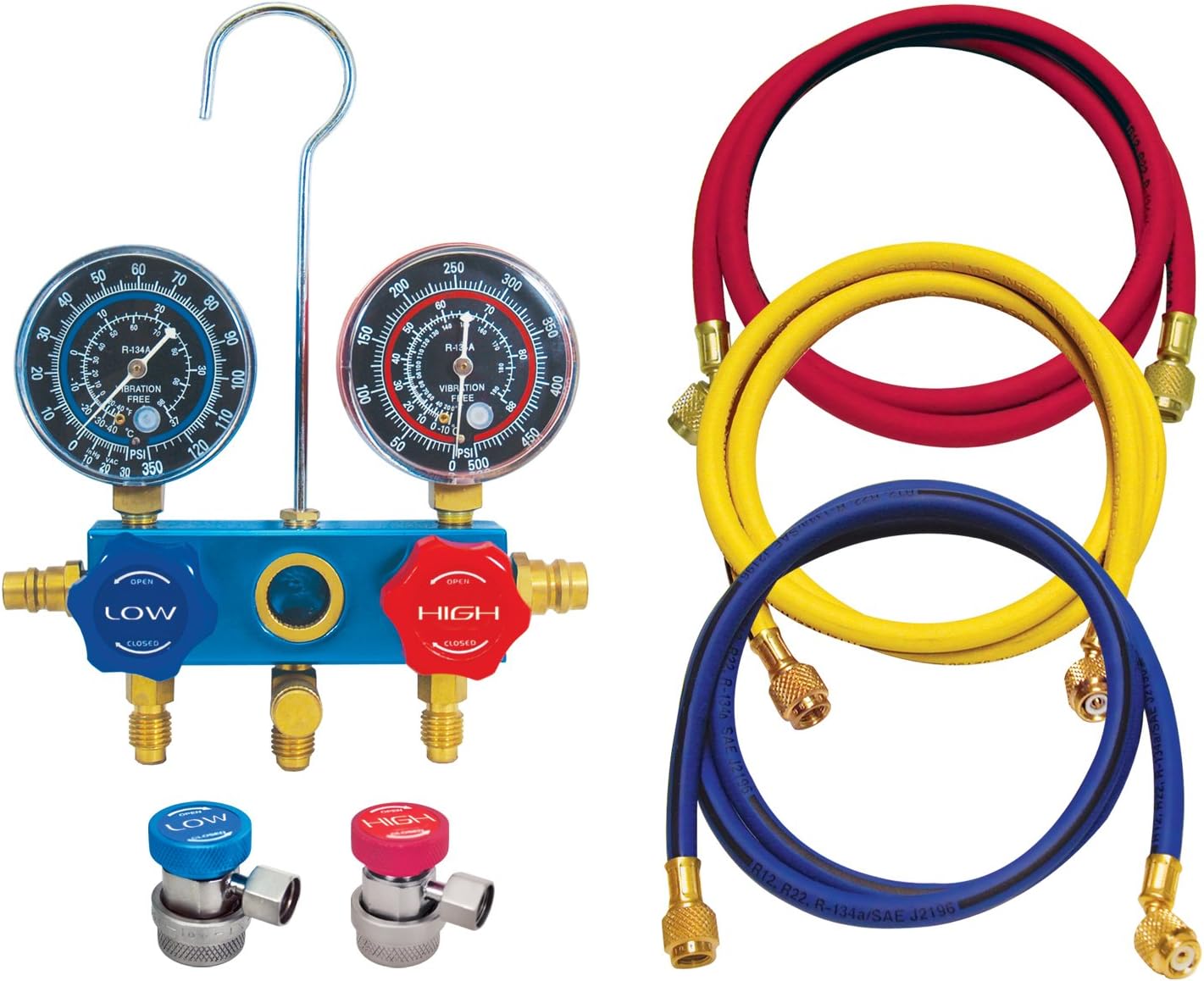 Certified A/C Pro Car Air Conditioner Hose and Manifold Gauge Set, Reuseable Set Checks Low and High Side Pressures for R134-A Refrigerant, Includes Hoses, InterDynamics