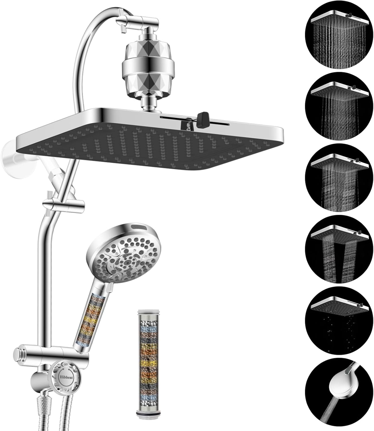 Hibbent Upgraded 13'' Shower Head Combo, High Pressure 5 Spray Rainfall Showerhead, 10 Spray Mode Handheld, All Metal Easy Reach 4-way Diverter Shower Arm with Pause Mode, 71'' Hose and Holder, Black