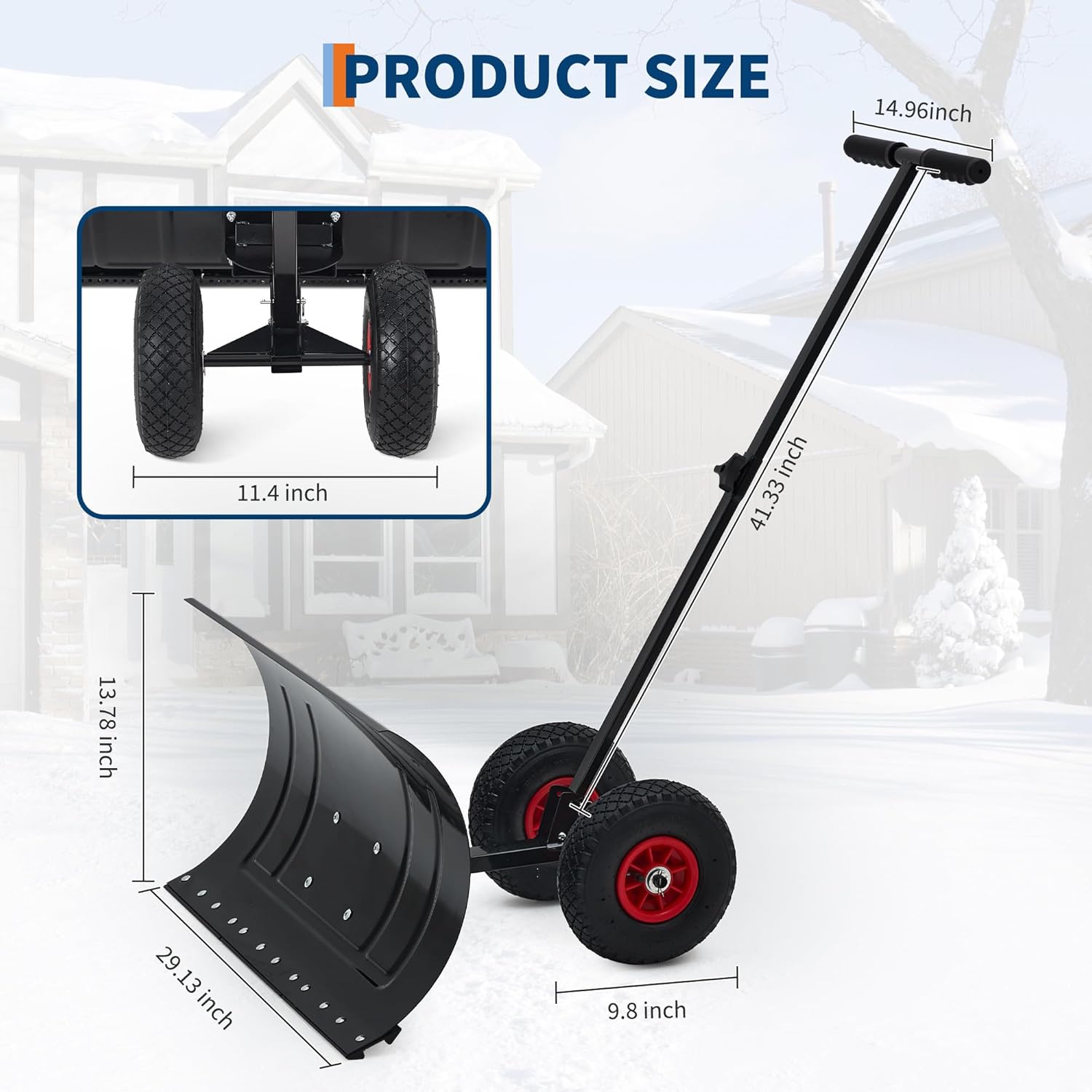 Garvee Heavy Duty Steel Snow Shovel Pusher with Wheels for Driveways, 29In Wide Push Snow Plow Shovel, Adjustable Handle, Angled Blade, Efficient Snow Removal for Easy Driveway & Pavement Clearing
