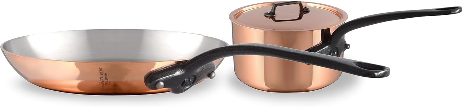 Mauviel M'Heritage 150 CI 1.5mm Polished Copper & Stainless Steel DeLuxe 3-Piece Cookware Set, With Sauce Pan With Lid, 1.8-Qt and Frying Pan 7.8-In, Cast Iron Handles, Made in France