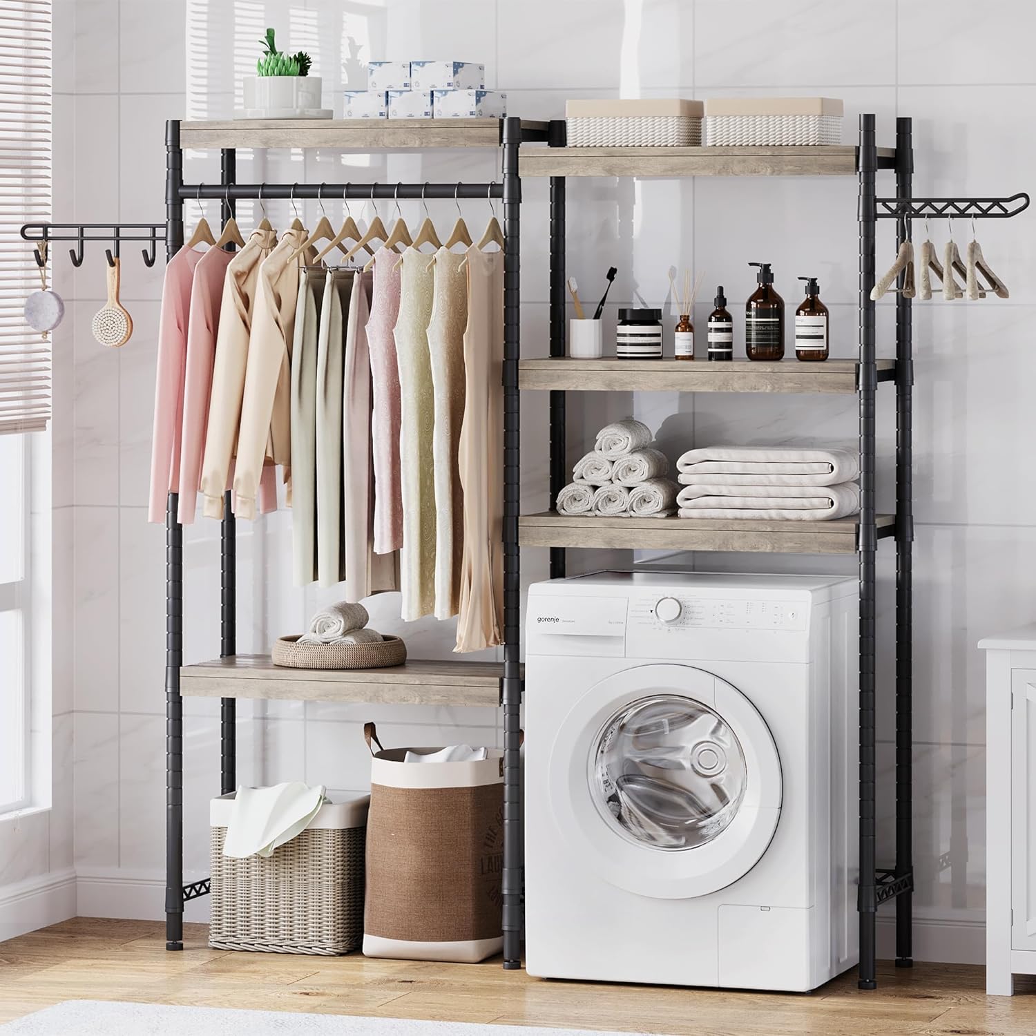 GAOMON Over The Washer and Dryer Storage Shelf, Laundry Room Organization Racks, Bathroom Space Saver Shelf for Drying Clothes, 5-Tier Adjustable Height, 5 Wood Shelves, 12
