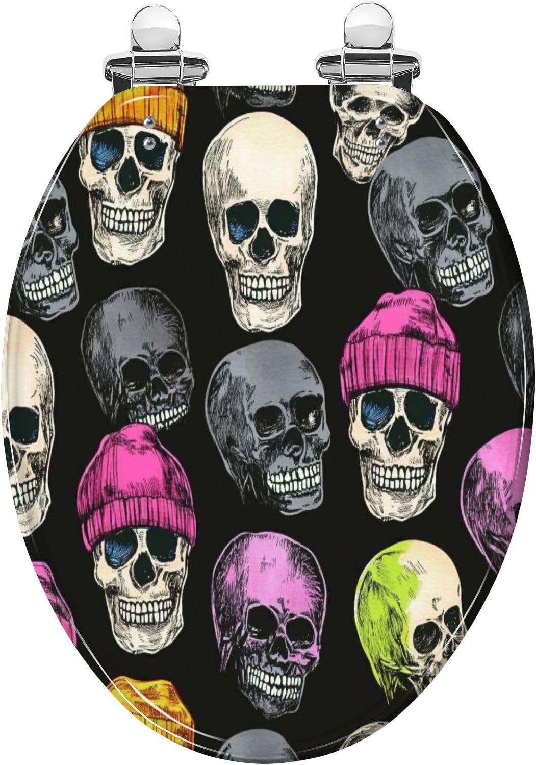 Round Toilet Seat Black White Tattoo Skull Seamless Pattern Resin Toilet Seat Slow Quiet Close with Quick-Release Hinges Toilet Seat with Cover Easy to Clean Install