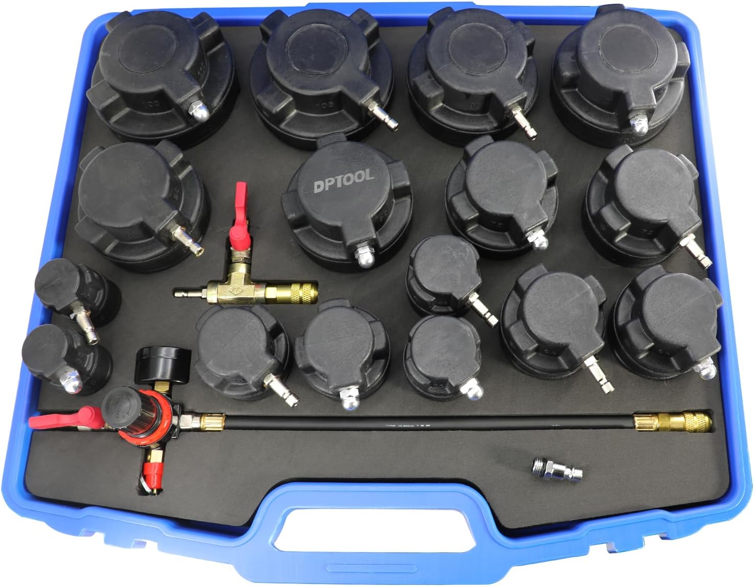 DPTOOL Turbo System Leakage Tester Kit 19Pcs Turbo Boost Leak Tester Turbocharger Air Pressure Guage Cooling System Intercoolers Radiators Hose Leaks Test with 16 Stepped Adapters 1-1/4'' to 4-1/4''