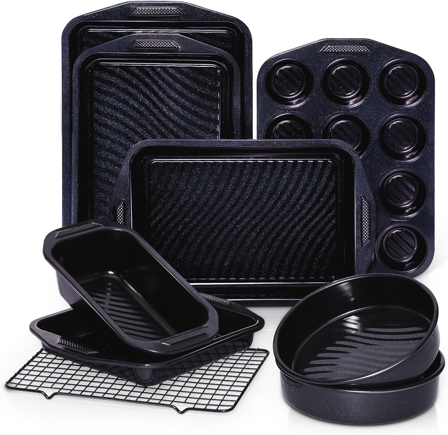 HONGBAKE 9-Piece Baking Pans Set with Wave Texture, 0.8mm Thick Bakeware Sets Non Stick, Includes Stackable Cookie Sheets for Oven Cooking, Cake Pan, Muffin Pan, Loaf Pan, Roasting Pan, Rack, Blue