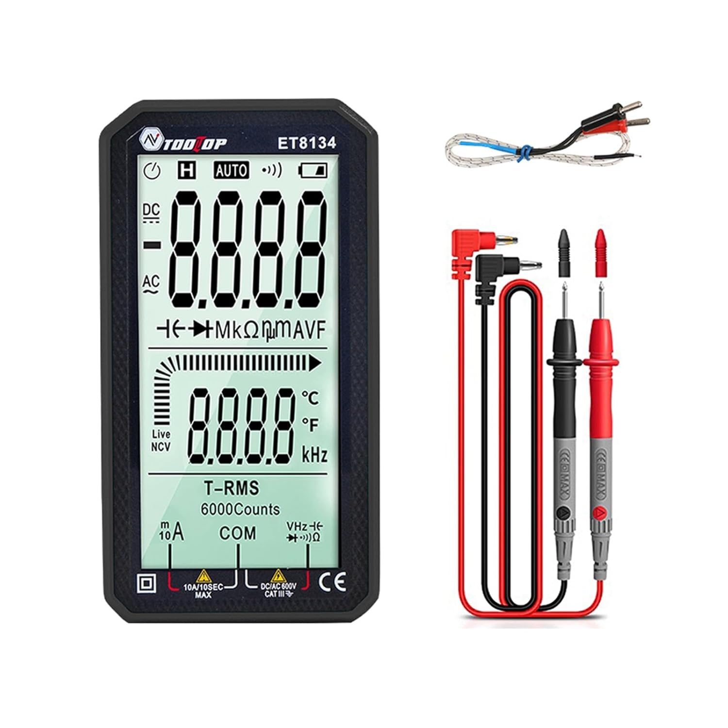 ET8134 True RMS Digital Multimeter 4.7 Inches Large Screen+ Manual Measure DC/AC Resistance Diode Test(Red)
