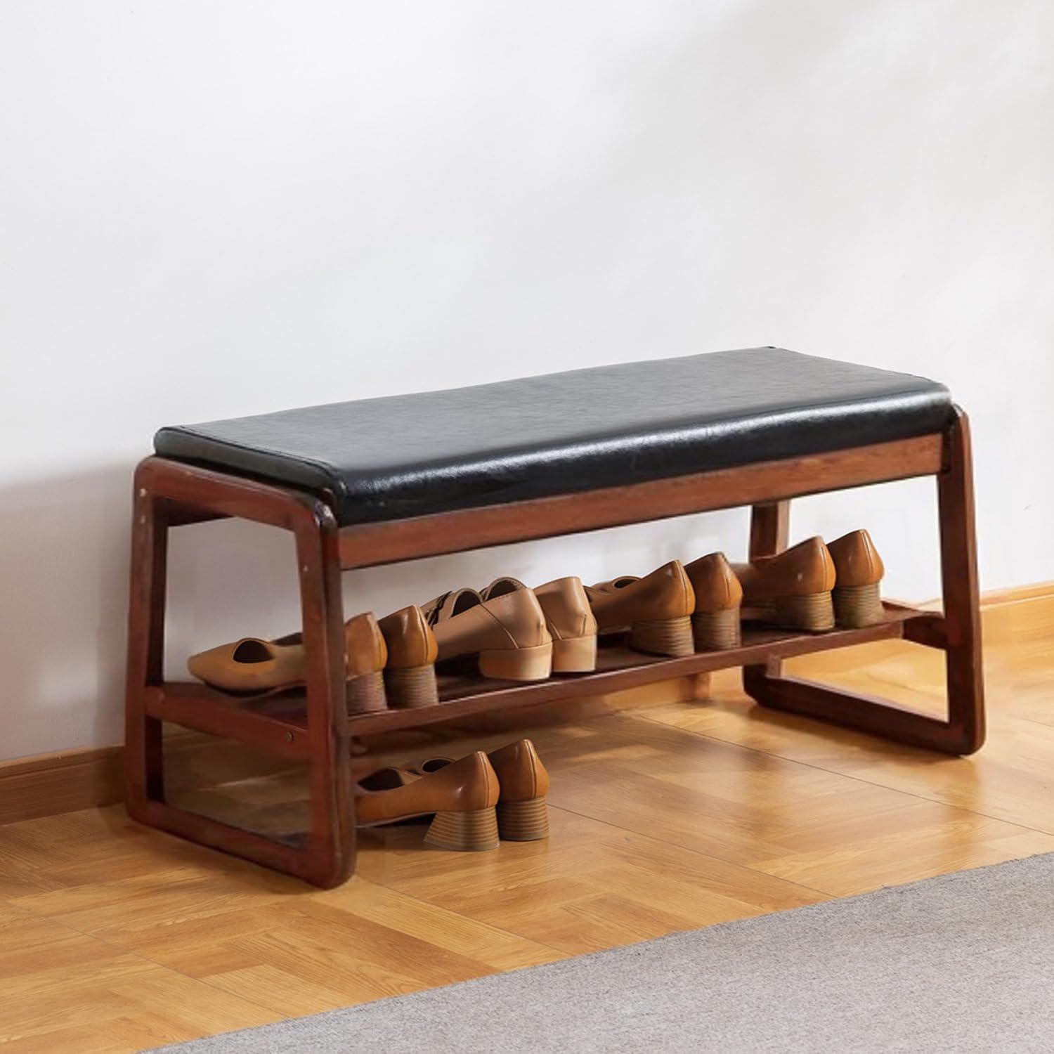 latifolia Solid Wood Bench, Entryway Shoe Bench with Cushion, 2 Tier Shoe Storage Organizer for Hallway, Living Room(Green,39.70''L)
