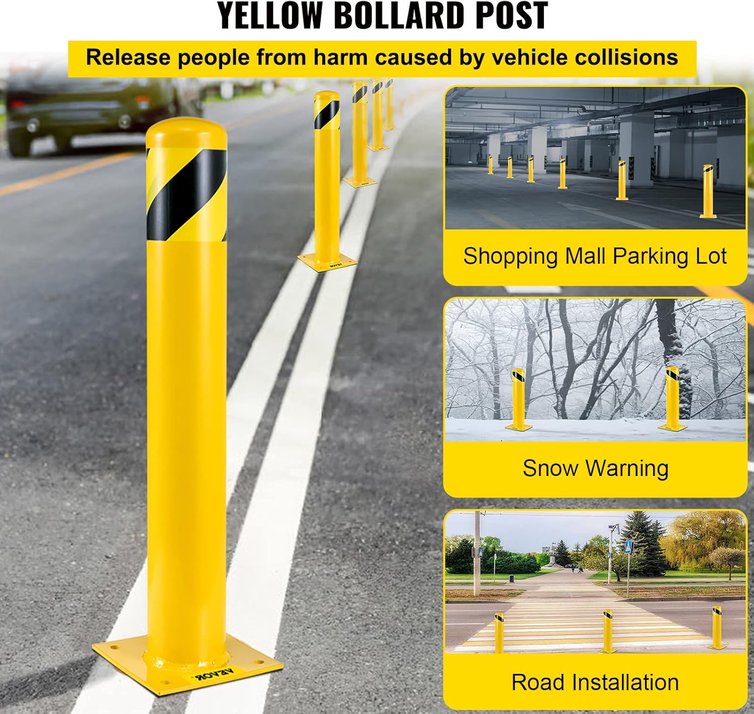 VEVOR Safety Bollard, 48 Inch Height Bollard Post, 5.5 Inch Diameter Steel Pipe Safety Bollard Post, Yellow Steel Bollard, Steel Safety Bollard with 8 Anchor Bolts, Perfect for Traffic-Sensitive Area