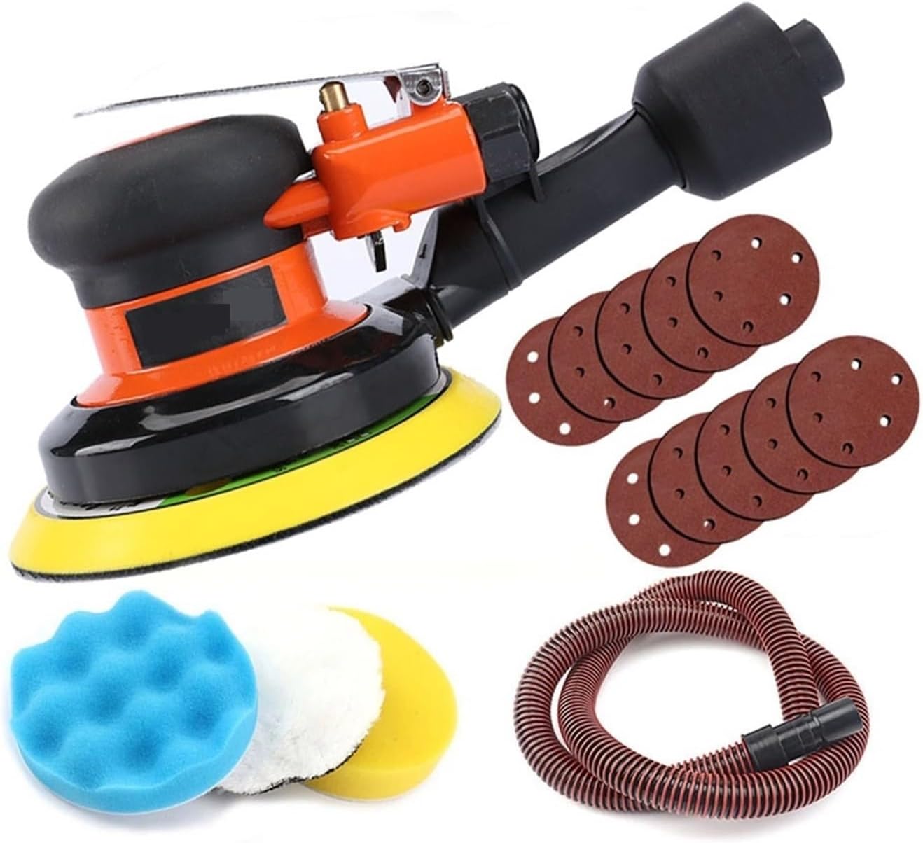 5 Inch Pneumatic Air Vacuuming Sander Polisher Tool Polishing Machine for Car Paint Care Wood Grinder Polisher Rust Removal(Air Sander Set)