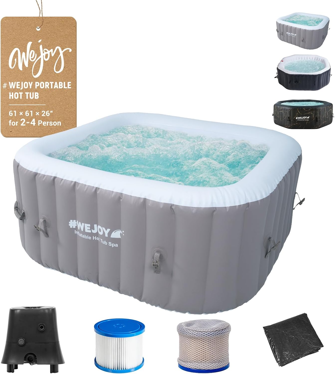 #WEJOY Portable Hot Tub 61X61X26 Inch Air Jet Spa 2-3 Person Inflatable Square Outdoor Heated Hot Tub Spa with 120 Bubble Jets